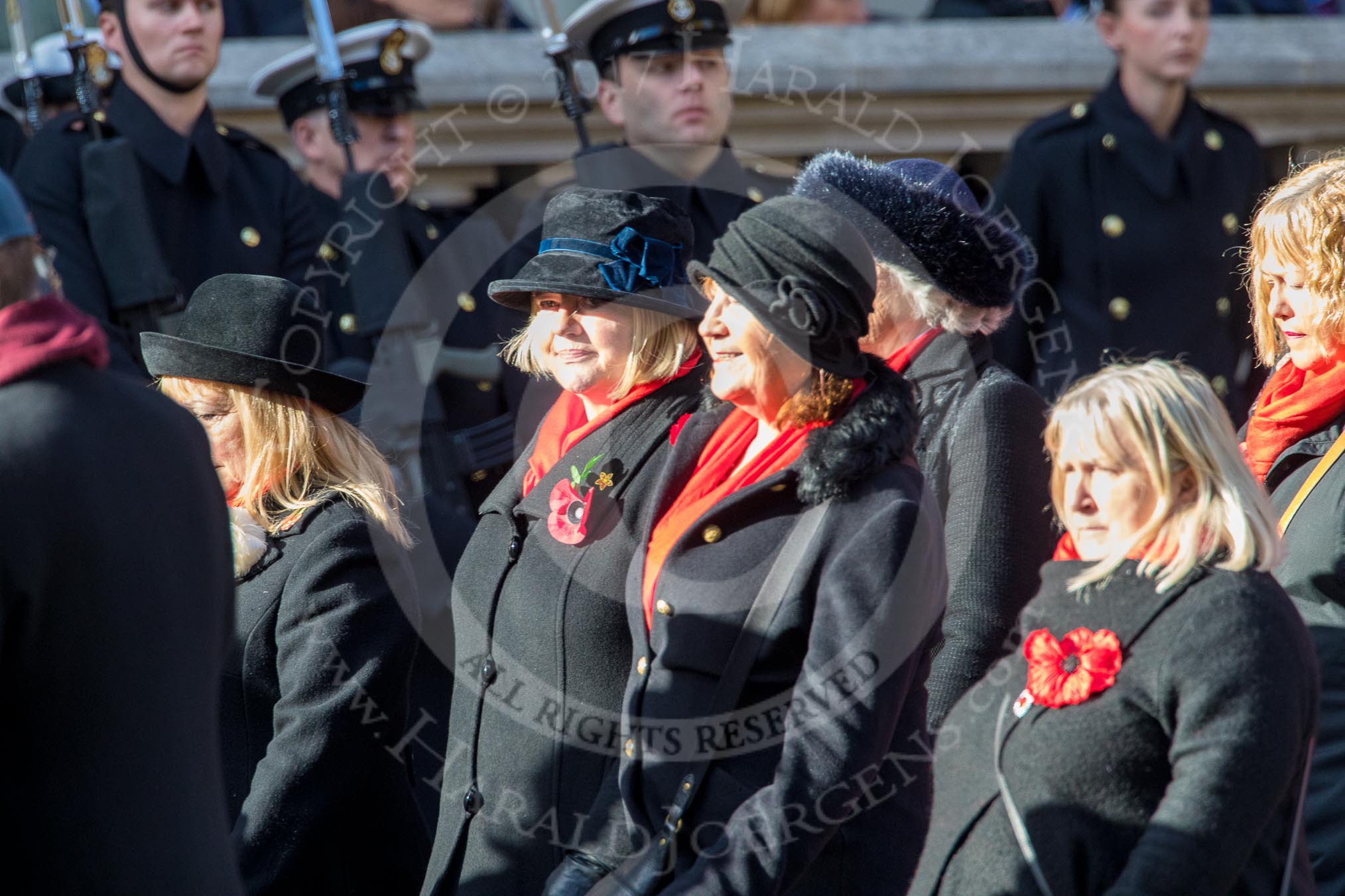 Army Widows Association  (Group D9, 17 members) during the Royal British Legion March Past on Remembrance Sunday at the Cenotaph, Whitehall, Westminster, London, 11 November 2018, 12:21.