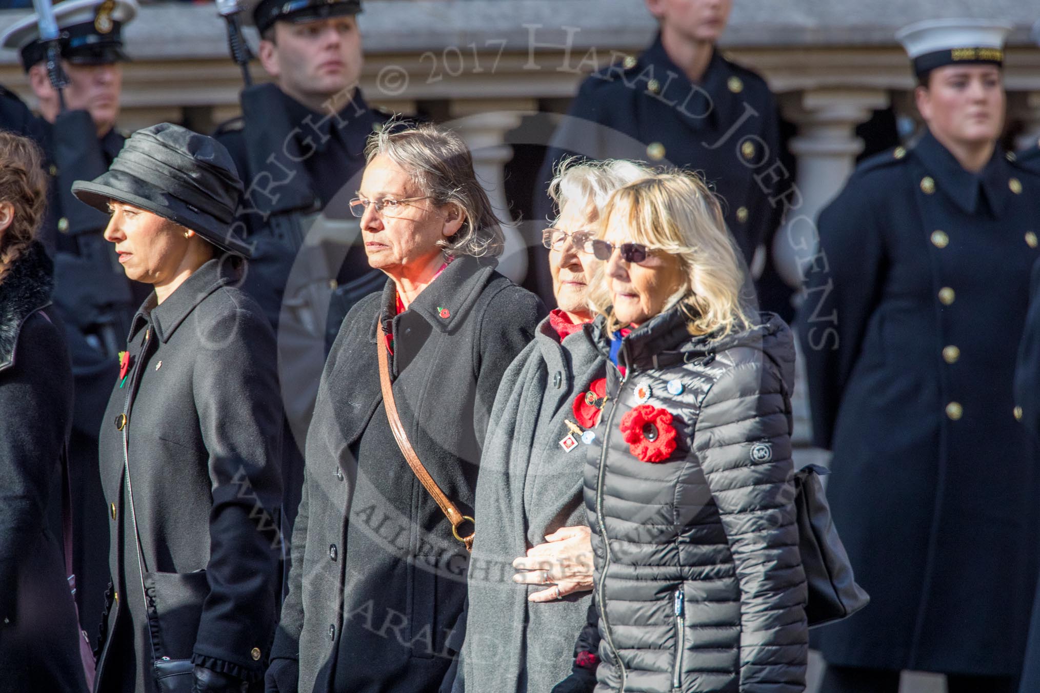 RAF Widows Association   (Group D11, 11 members) during the Royal British Legion March Past on Remembrance Sunday at the Cenotaph, Whitehall, Westminster, London, 11 November 2018, 12:21.