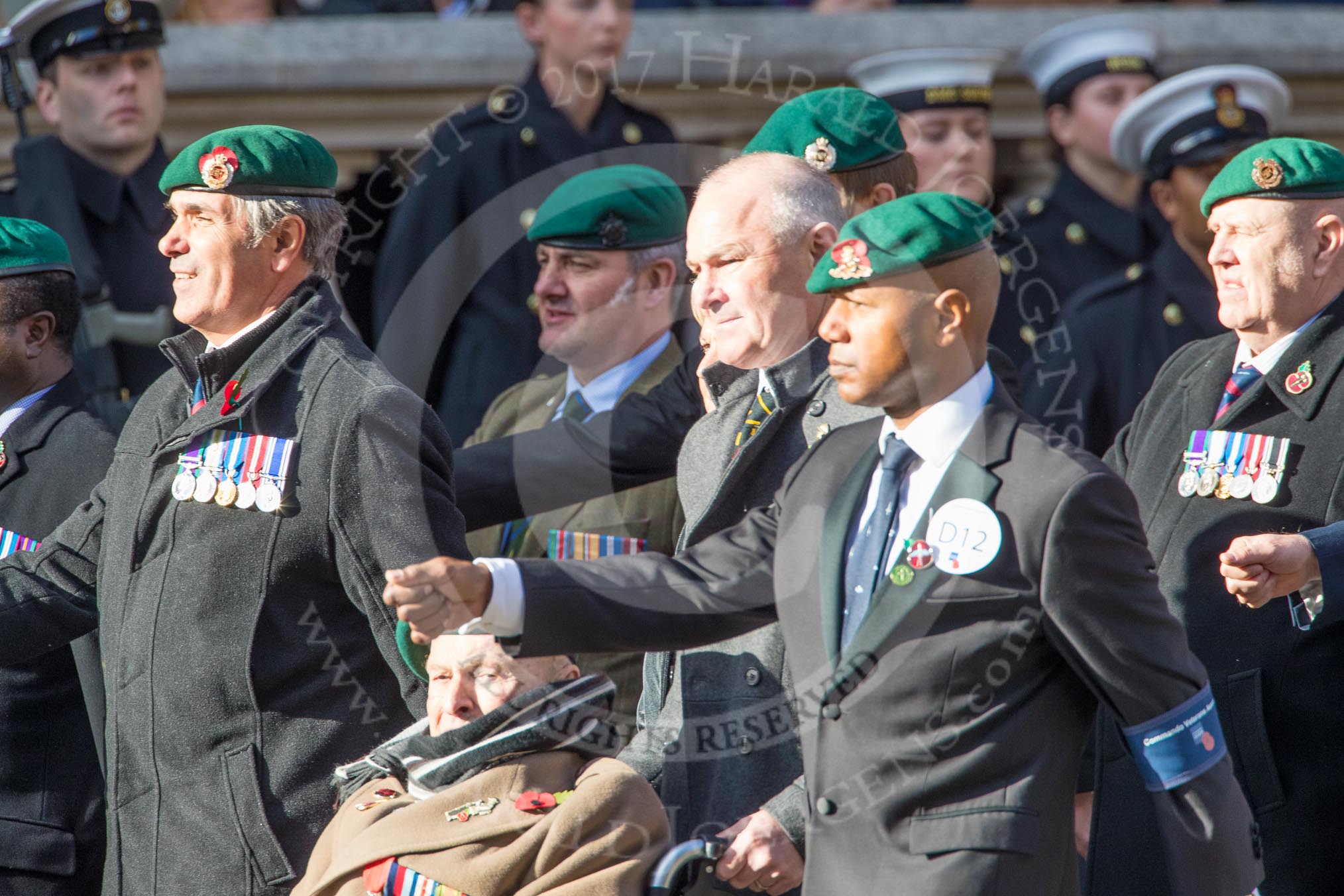 Commando Veterans Association  (Group D12, 42 members) during the Royal British Legion March Past on Remembrance Sunday at the Cenotaph, Whitehall, Westminster, London, 11 November 2018, 12:22.