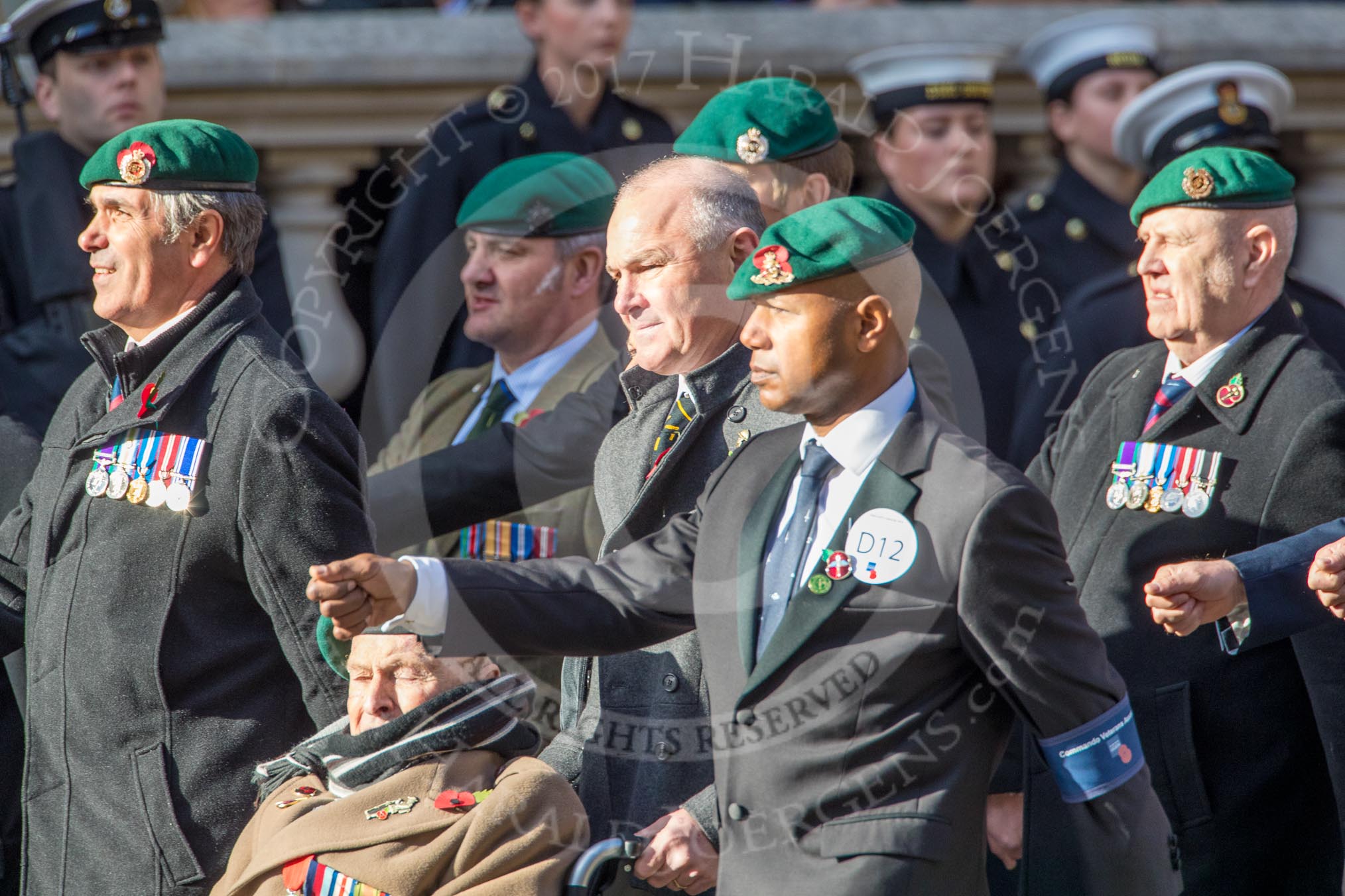 Commando Veterans Association  (Group D12, 42 members) during the Royal British Legion March Past on Remembrance Sunday at the Cenotaph, Whitehall, Westminster, London, 11 November 2018, 12:22.