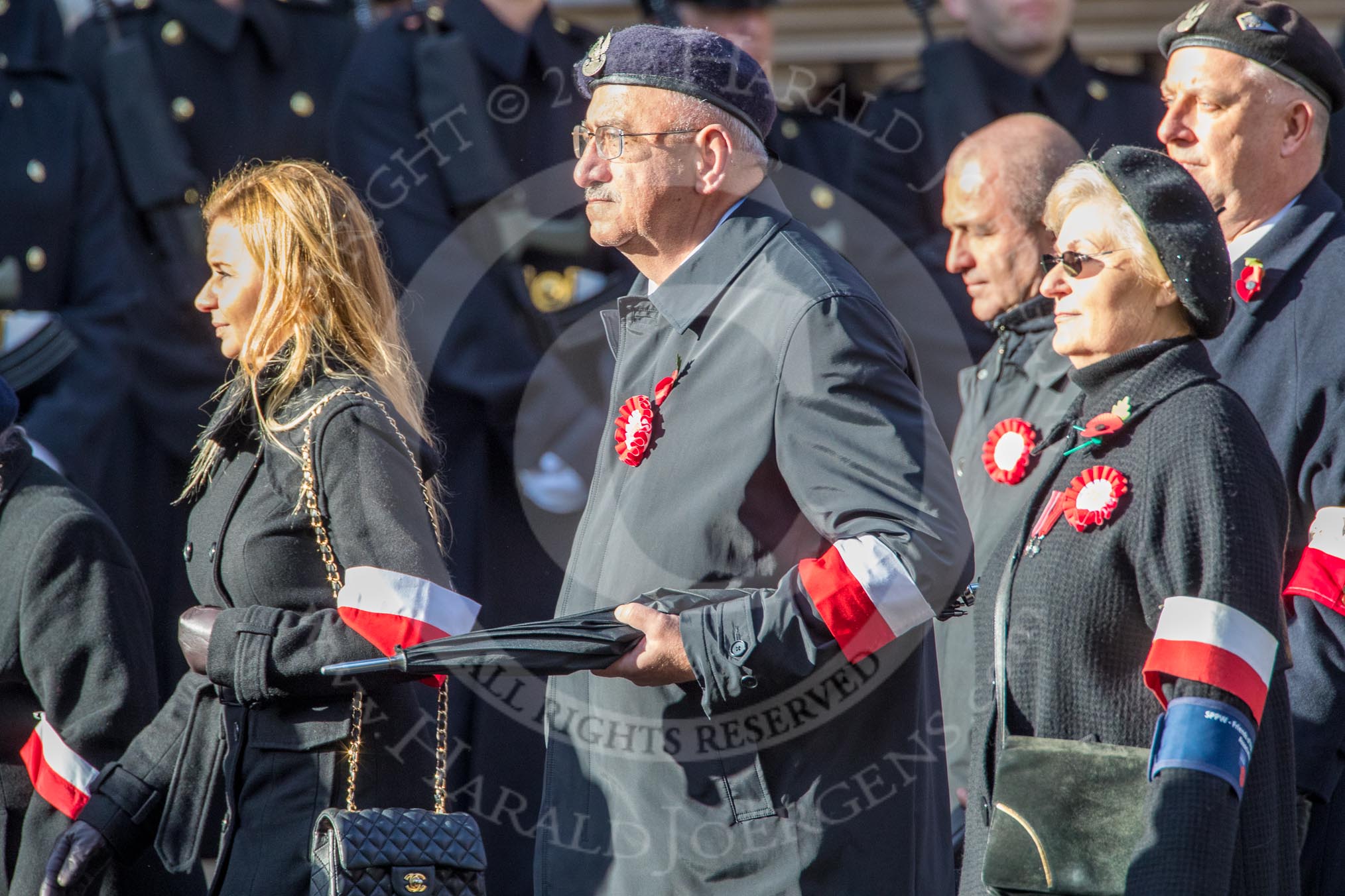 Stowarzyszenie Przyjaciol Polskich Weteranow -SPPW (Group D20, 30 members) during the Royal British Legion March Past on Remembrance Sunday at the Cenotaph, Whitehall, Westminster, London, 11 November 2018, 12:24.