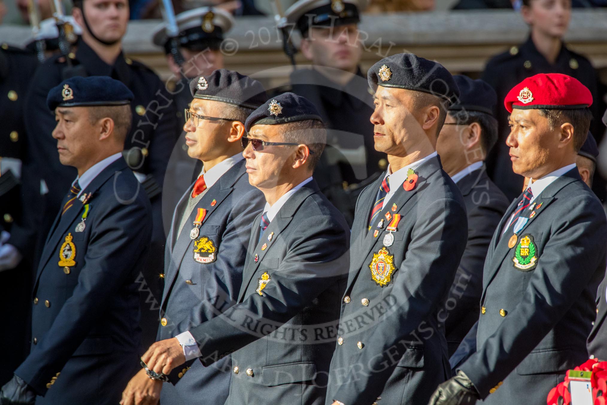 Hong Kong Military Service Corps - HKMSC (Group D21, 36 members) during the Royal British Legion March Past on Remembrance Sunday at the Cenotaph, Whitehall, Westminster, London, 11 November 2018, 12:24.