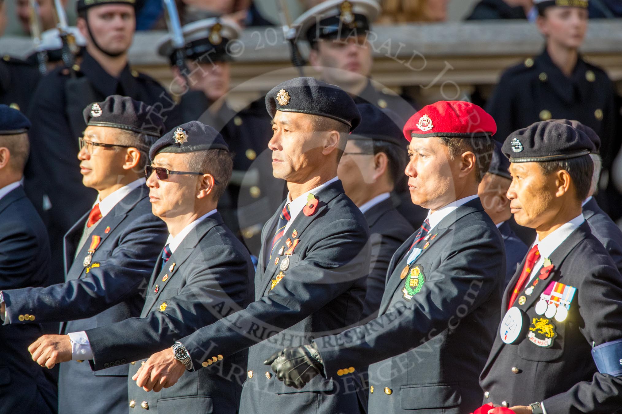 Hong Kong Military Service Corps - HKMSC (Group D21, 36 members) during the Royal British Legion March Past on Remembrance Sunday at the Cenotaph, Whitehall, Westminster, London, 11 November 2018, 12:24.