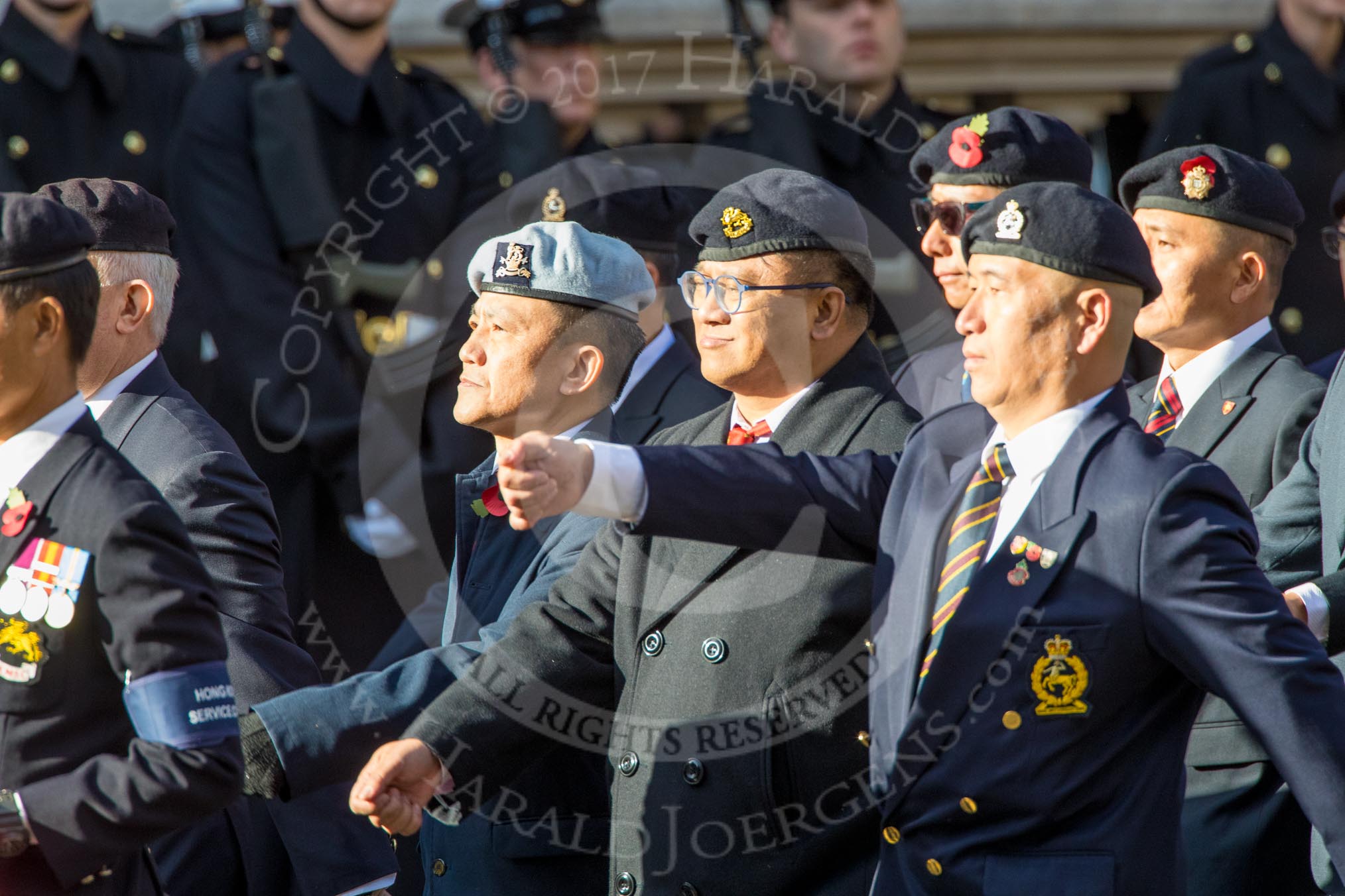 Hong Kong Military Service Corps - HKMSC (Group D21, 36 members) during the Royal British Legion March Past on Remembrance Sunday at the Cenotaph, Whitehall, Westminster, London, 11 November 2018, 12:24.