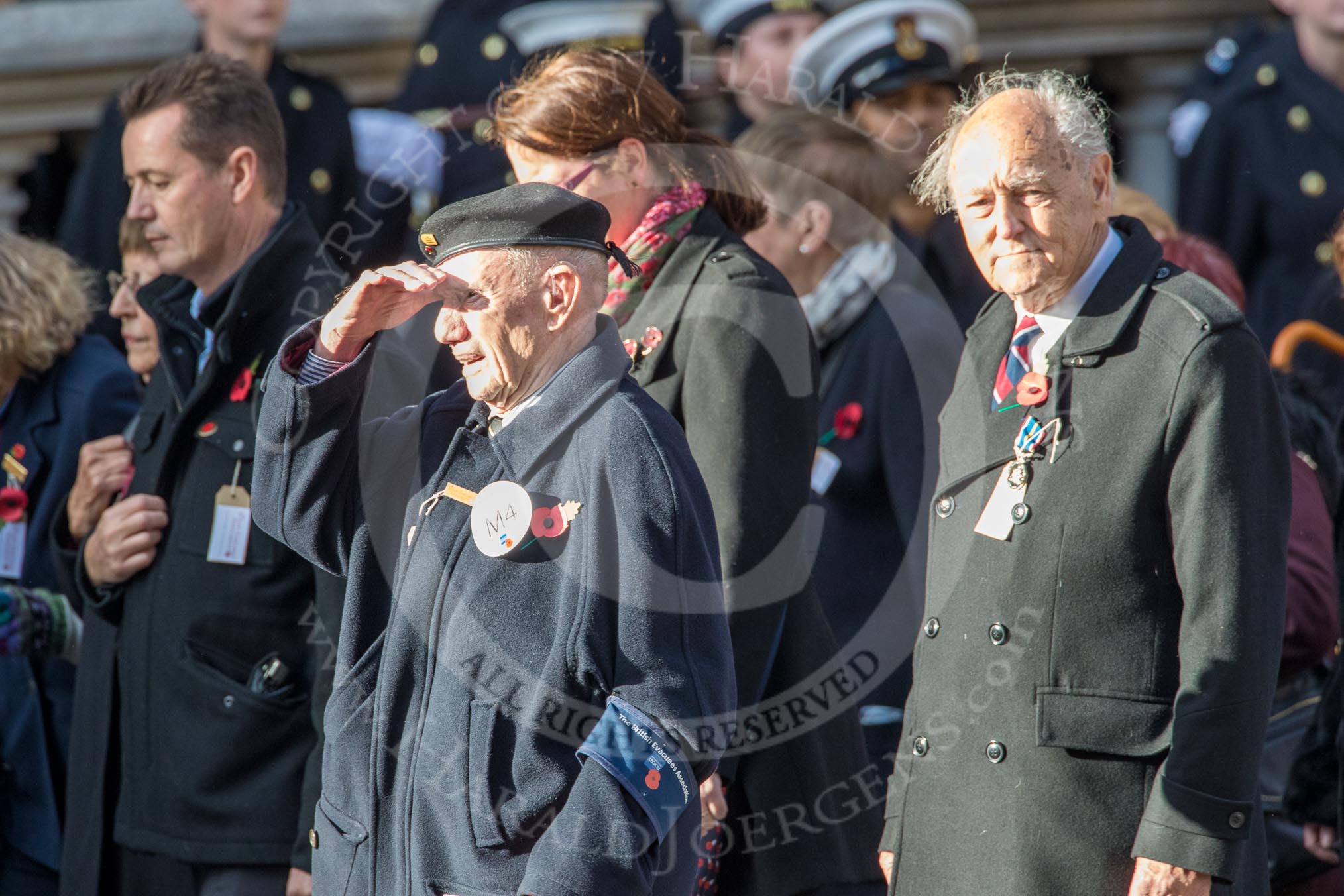 The British Evacuees Association (Group M4, 50 members) during the Royal British Legion March Past on Remembrance Sunday at the Cenotaph, Whitehall, Westminster, London, 11 November 2018, 12:25.