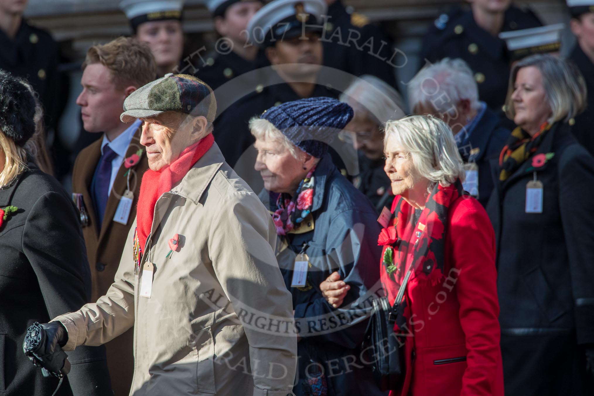 The British Evacuees Association (Group M4, 50 members) during the Royal British Legion March Past on Remembrance Sunday at the Cenotaph, Whitehall, Westminster, London, 11 November 2018, 12:25.