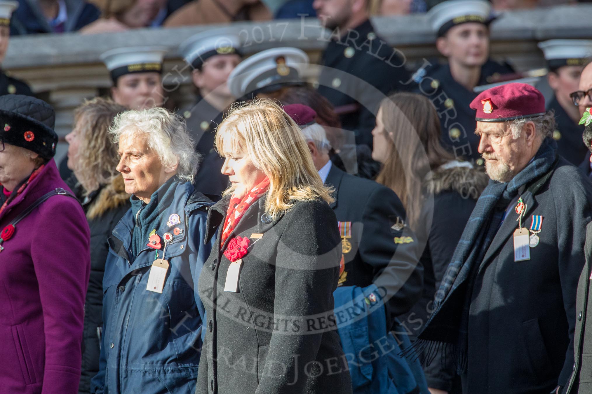 The British Evacuees Association (Group M4, 50 members) during the Royal British Legion March Past on Remembrance Sunday at the Cenotaph, Whitehall, Westminster, London, 11 November 2018, 12:25.