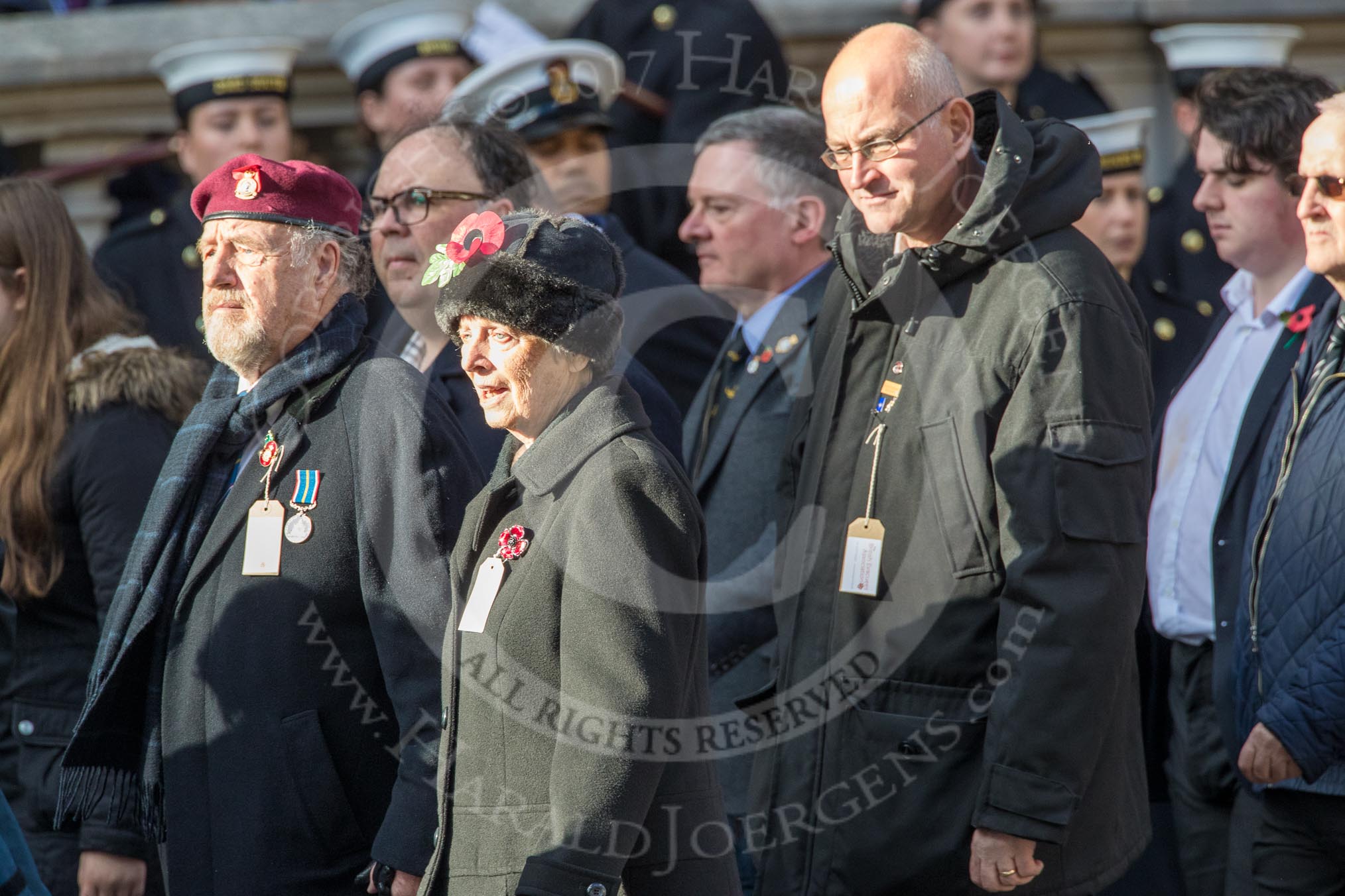 The British Evacuees Association (Group M4, 50 members) during the Royal British Legion March Past on Remembrance Sunday at the Cenotaph, Whitehall, Westminster, London, 11 November 2018, 12:25.