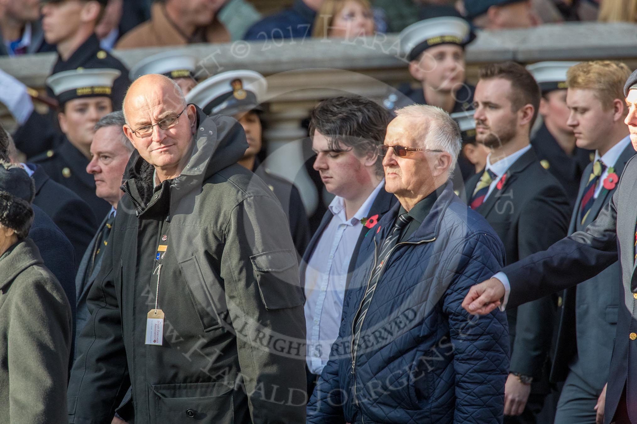 The British Evacuees Association (Group M4, 50 members) during the Royal British Legion March Past on Remembrance Sunday at the Cenotaph, Whitehall, Westminster, London, 11 November 2018, 12:25.