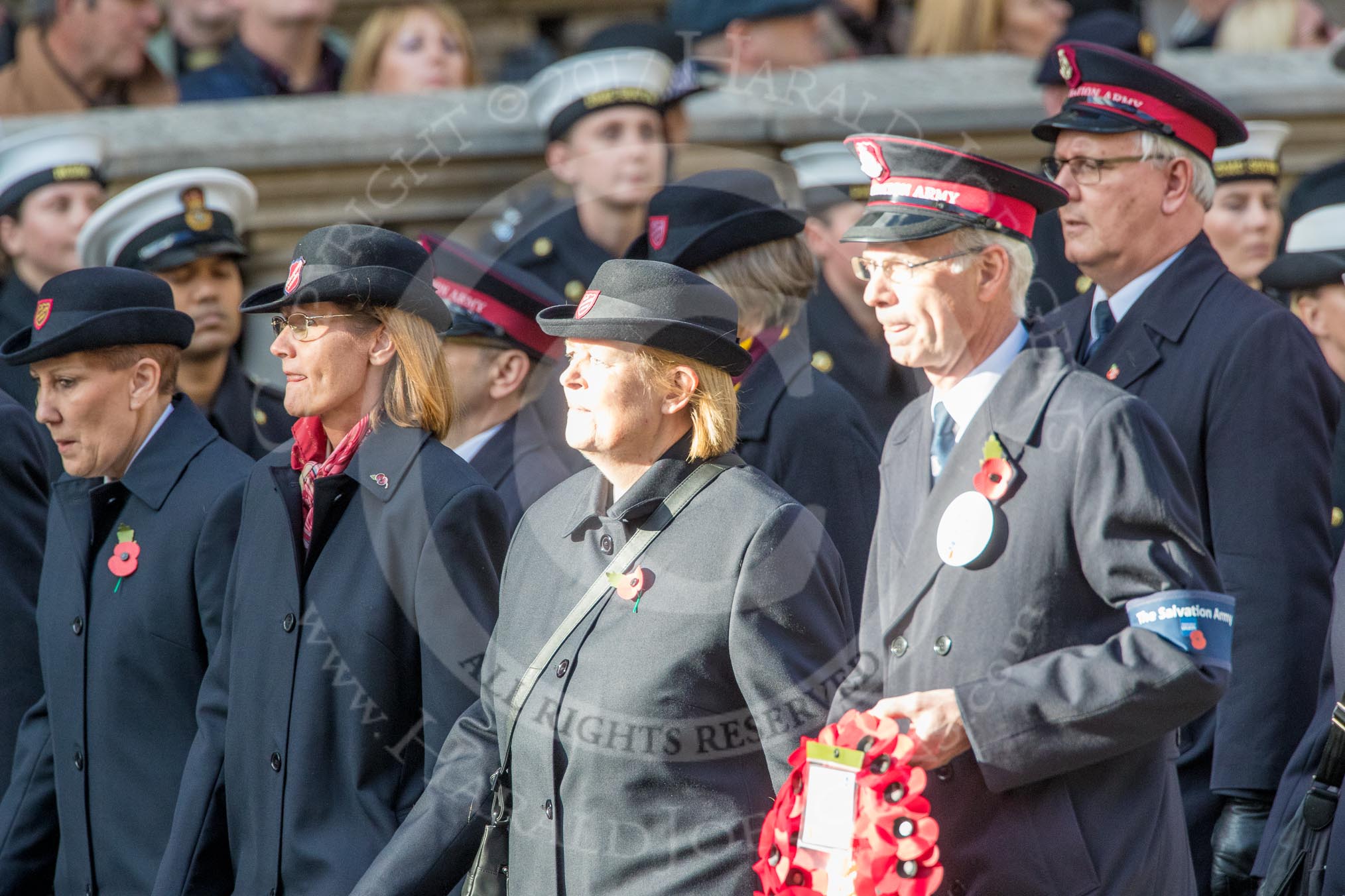The Salvation Army (Group M6, 30 members) during the Royal British Legion March Past on Remembrance Sunday at the Cenotaph, Whitehall, Westminster, London, 11 November 2018, 12:25.