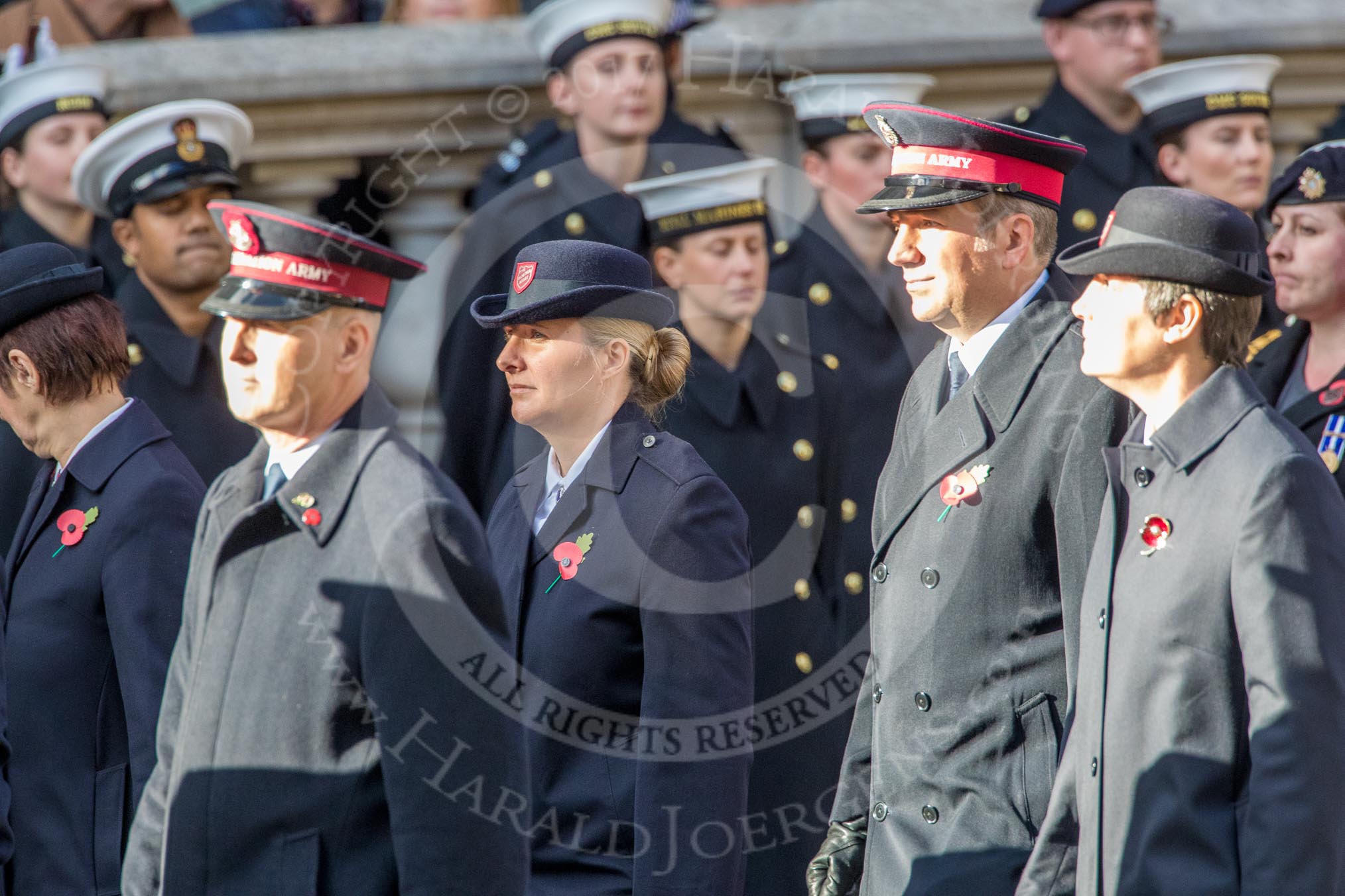 The Salvation Army (Group M6, 30 members) during the Royal British Legion March Past on Remembrance Sunday at the Cenotaph, Whitehall, Westminster, London, 11 November 2018, 12:25.