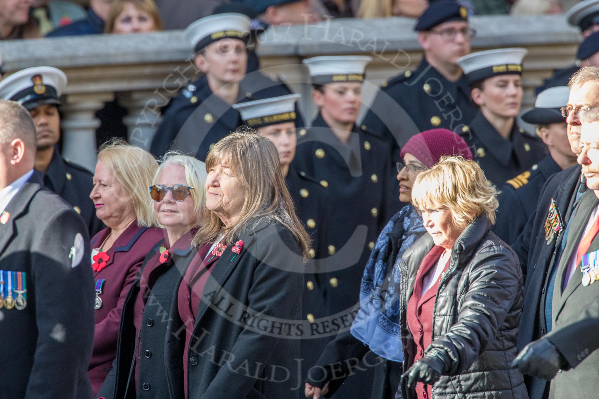 WRVS / RVS (Group M8, 19 members) during the Royal British Legion March Past on Remembrance Sunday at the Cenotaph, Whitehall, Westminster, London, 11 November 2018, 12:26.
