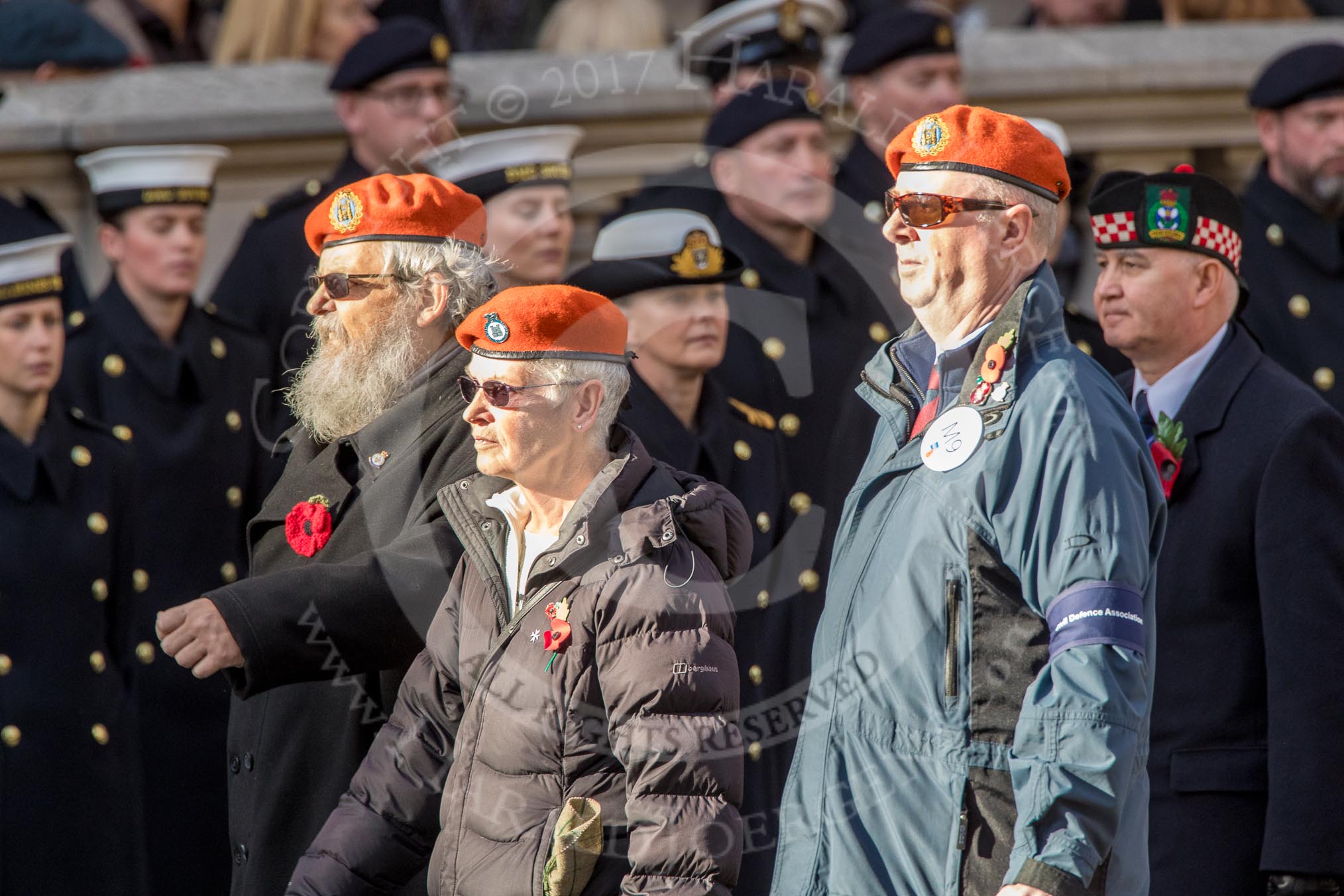 Civil Defence Association  M9, 12 members)  during the Royal British Legion March Past on Remembrance Sunday at the Cenotaph, Whitehall, Westminster, London, 11 November 2018, 12:26.