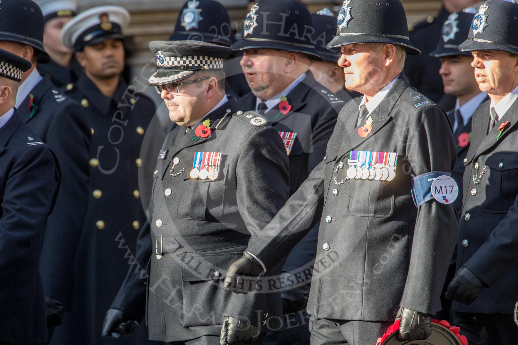 Metropolitan Special Constabulary (Group M17, 40 members) during the Royal British Legion March Past on Remembrance Sunday at the Cenotaph, Whitehall, Westminster, London, 11 November 2018, 12:27.