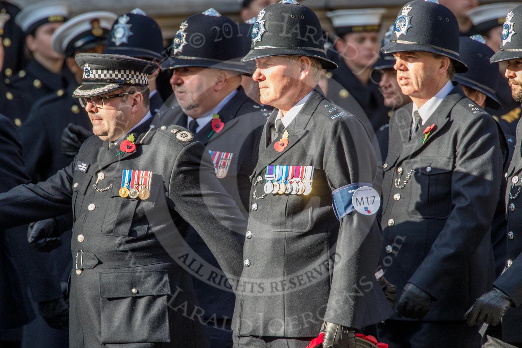 Metropolitan Special Constabulary (Group M17, 40 members) during the Royal British Legion March Past on Remembrance Sunday at the Cenotaph, Whitehall, Westminster, London, 11 November 2018, 12:27.