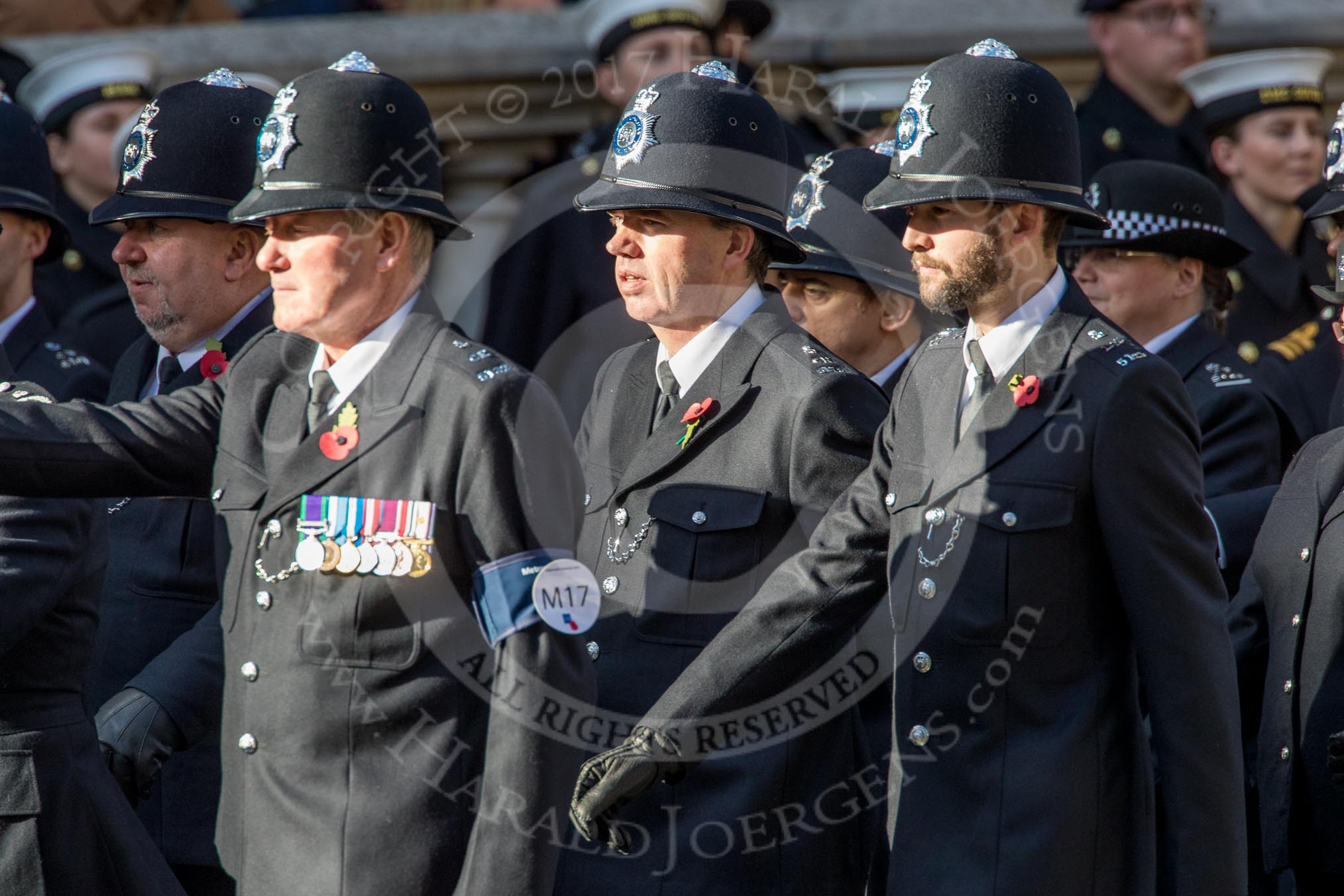 Metropolitan Special Constabulary (Group M17, 40 members) during the Royal British Legion March Past on Remembrance Sunday at the Cenotaph, Whitehall, Westminster, London, 11 November 2018, 12:27.