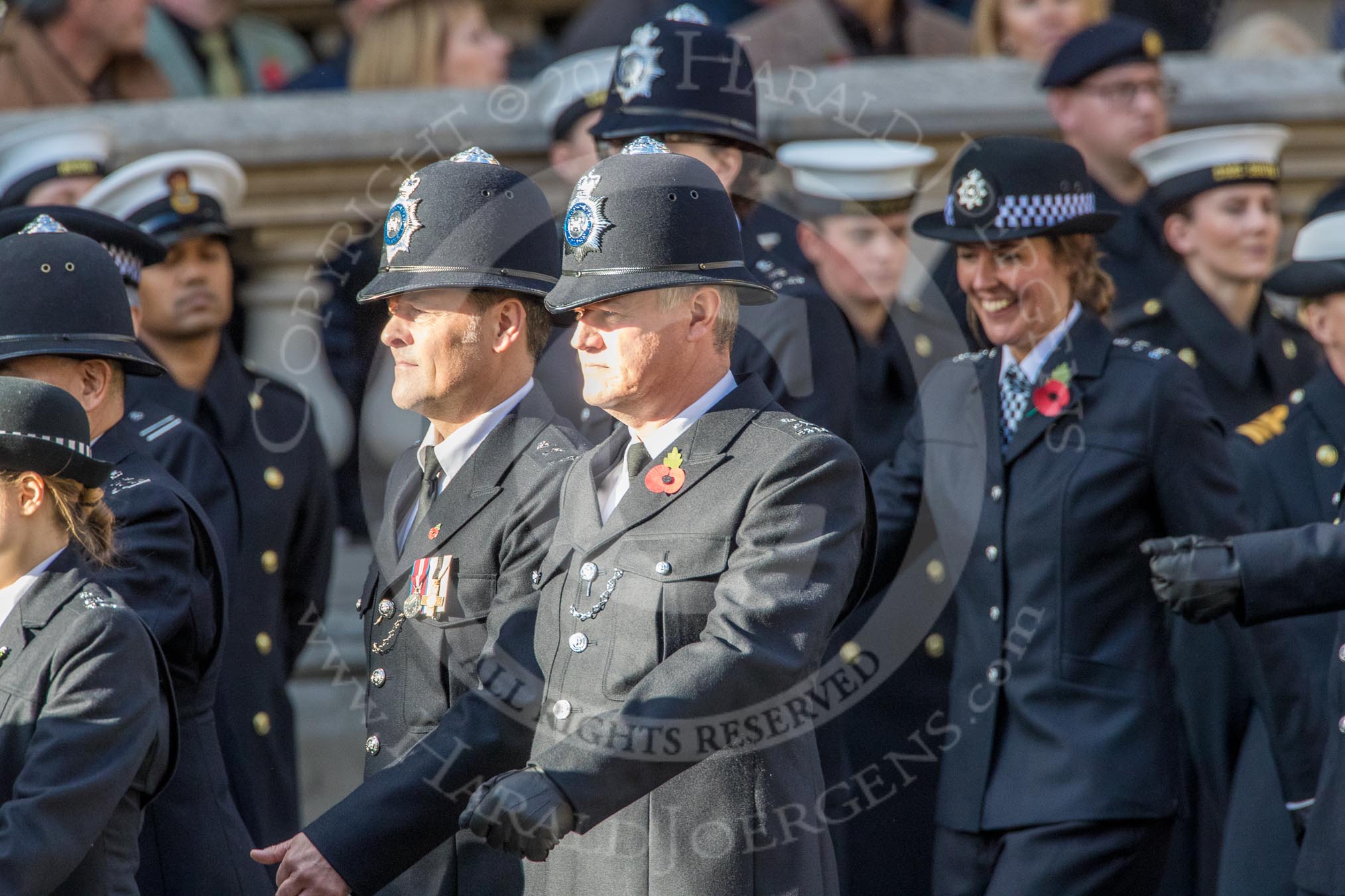 Metropolitan Special Constabulary (Group M17, 40 members) during the Royal British Legion March Past on Remembrance Sunday at the Cenotaph, Whitehall, Westminster, London, 11 November 2018, 12:27.