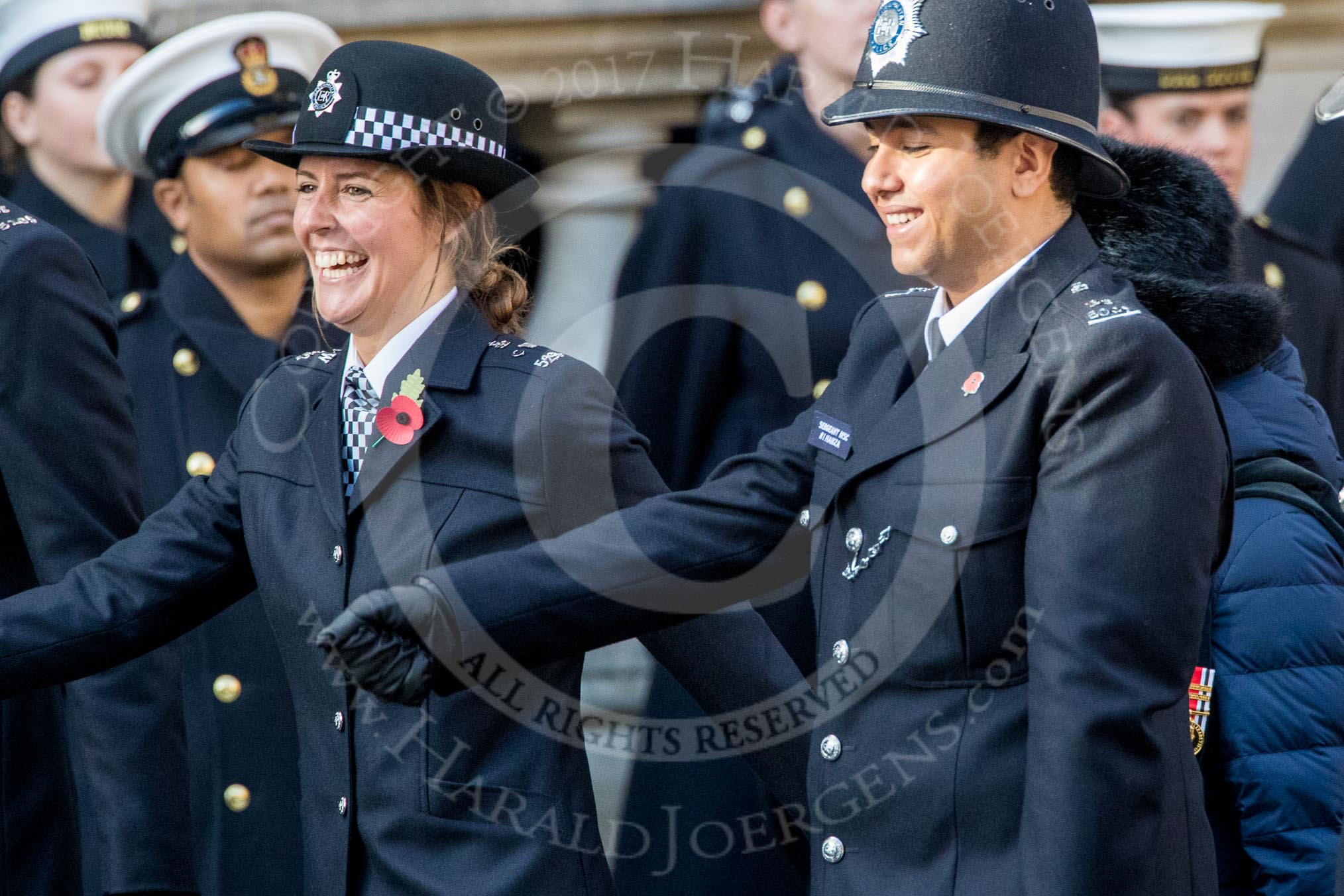 Metropolitan Special Constabulary (Group M17, 40 members) during the Royal British Legion March Past on Remembrance Sunday at the Cenotaph, Whitehall, Westminster, London, 11 November 2018, 12:27.