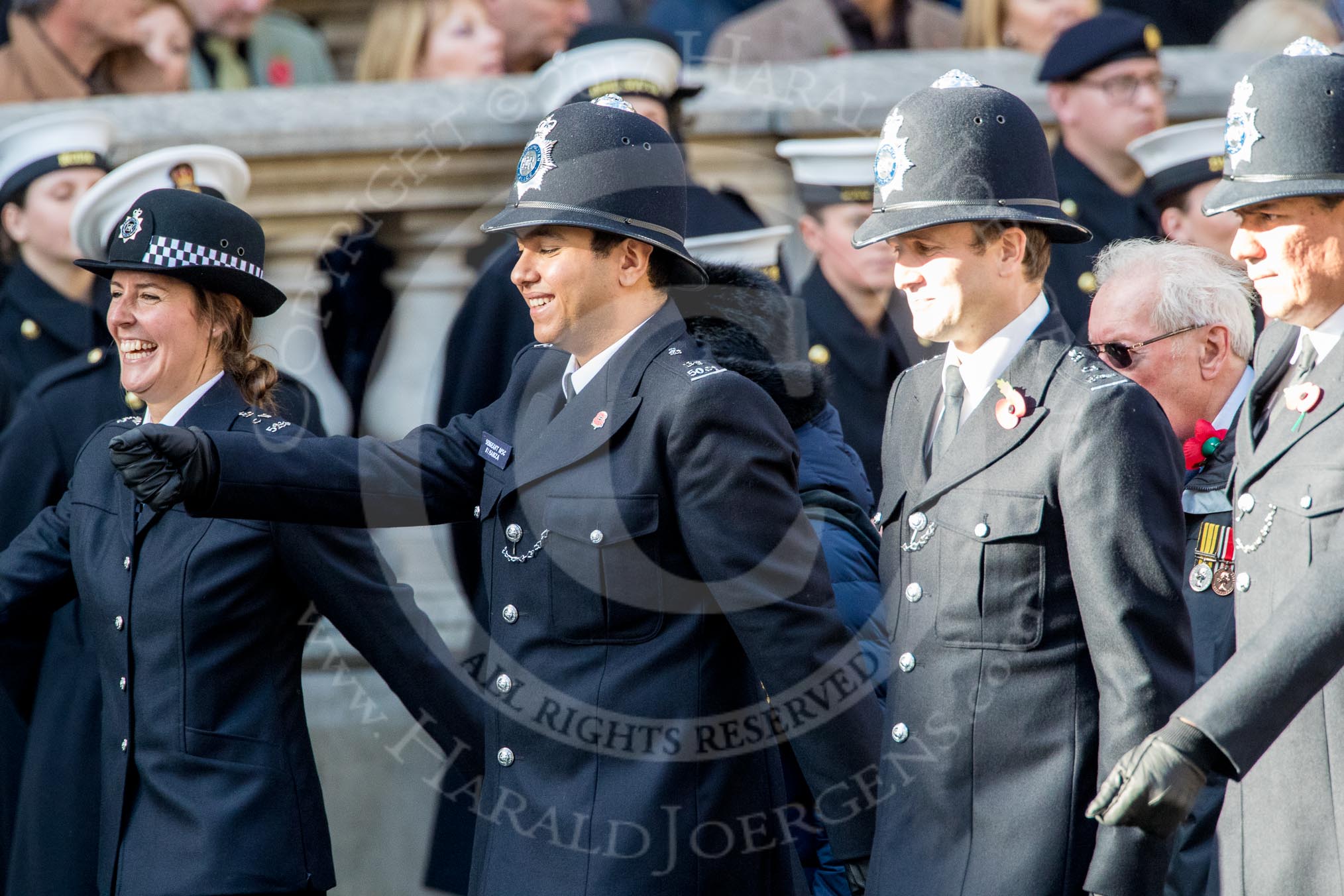 Metropolitan Special Constabulary (Group M17, 40 members) during the Royal British Legion March Past on Remembrance Sunday at the Cenotaph, Whitehall, Westminster, London, 11 November 2018, 12:27.