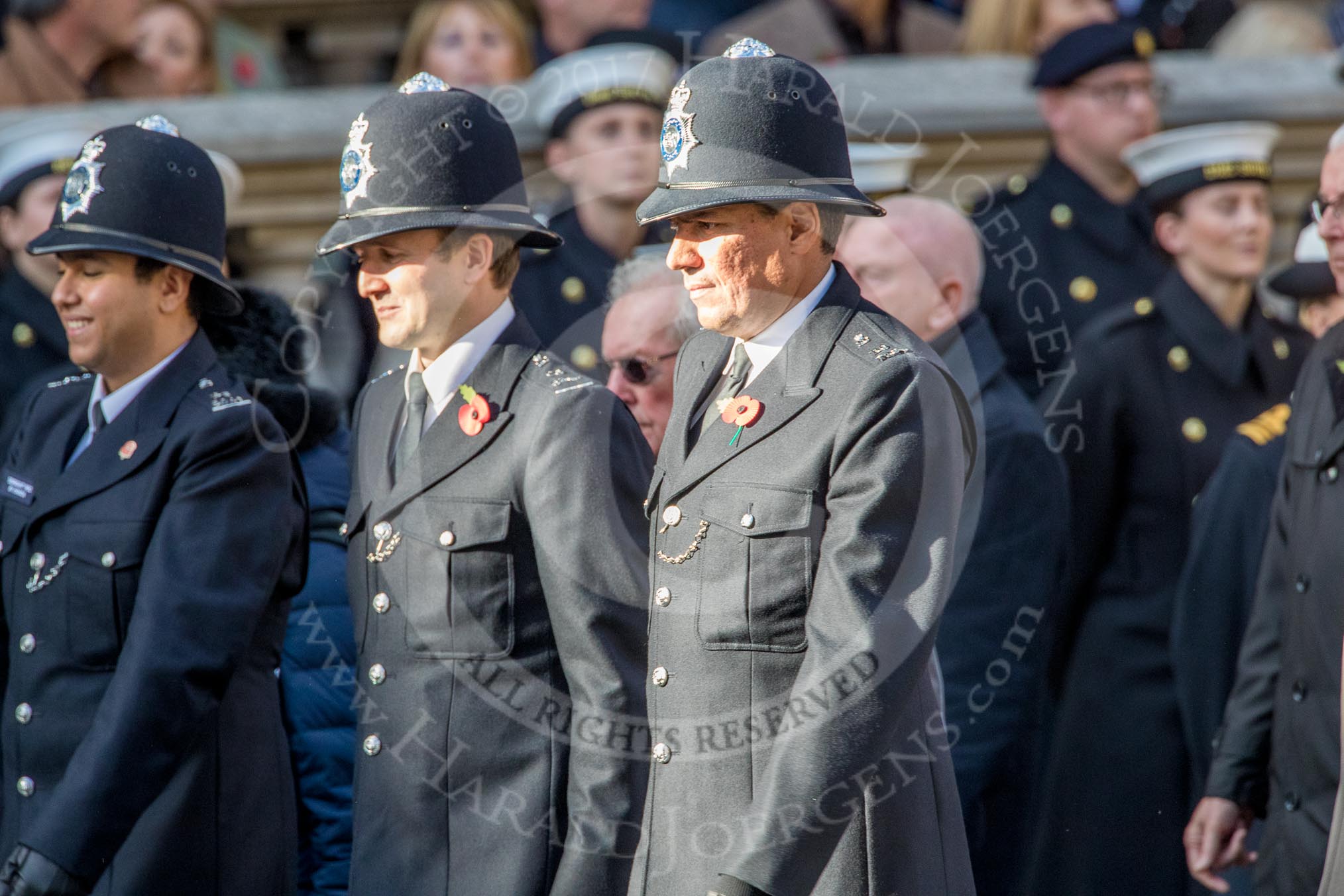 Metropolitan Special Constabulary (Group M17, 40 members) during the Royal British Legion March Past on Remembrance Sunday at the Cenotaph, Whitehall, Westminster, London, 11 November 2018, 12:27.