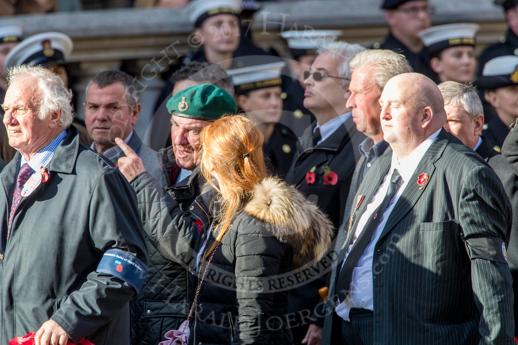 The Showmen's Guild of Great Britain (Group M18, 26 members) during the Royal British Legion March Past on Remembrance Sunday at the Cenotaph, Whitehall, Westminster, London, 11 November 2018, 12:27.