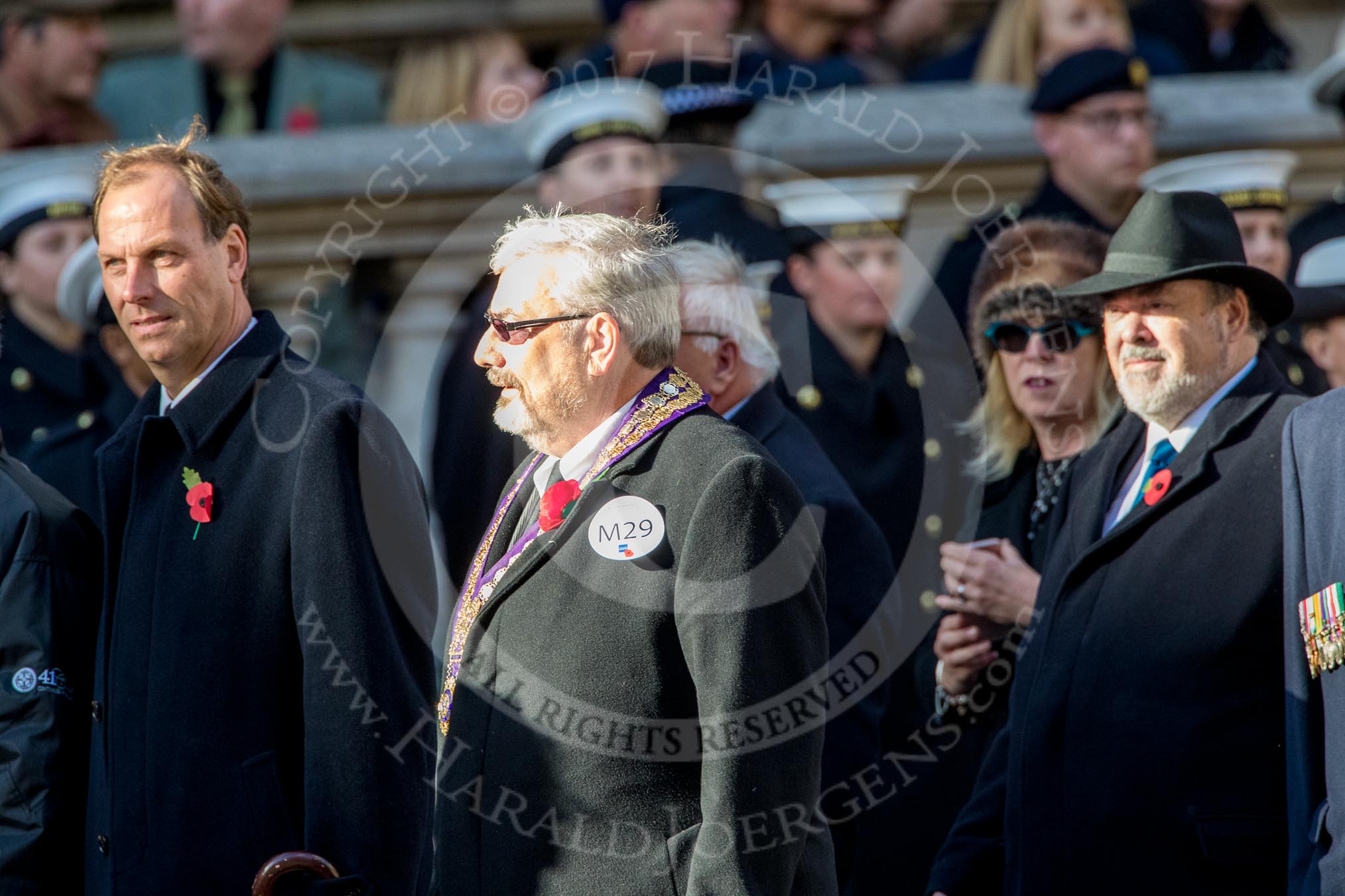 The National Association of ex-Round Table Clubs (Group M29, 6 members)  during the Royal British Legion March Past on Remembrance Sunday at the Cenotaph, Whitehall, Westminster, London, 11 November 2018, 12:28.