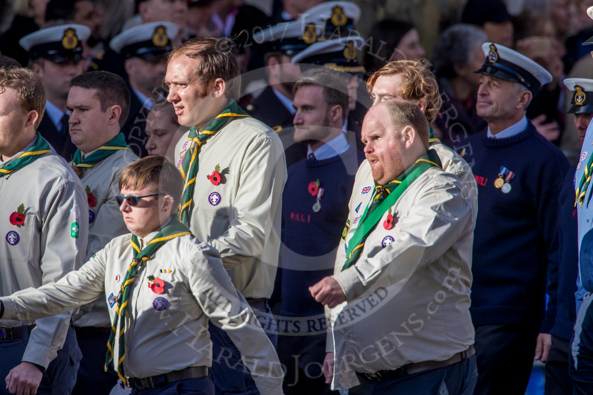 The Scout Association (Group M36, 30 members) during the Royal British Legion March Past on Remembrance Sunday at the Cenotaph, Whitehall, Westminster, London, 11 November 2018, 12:30.