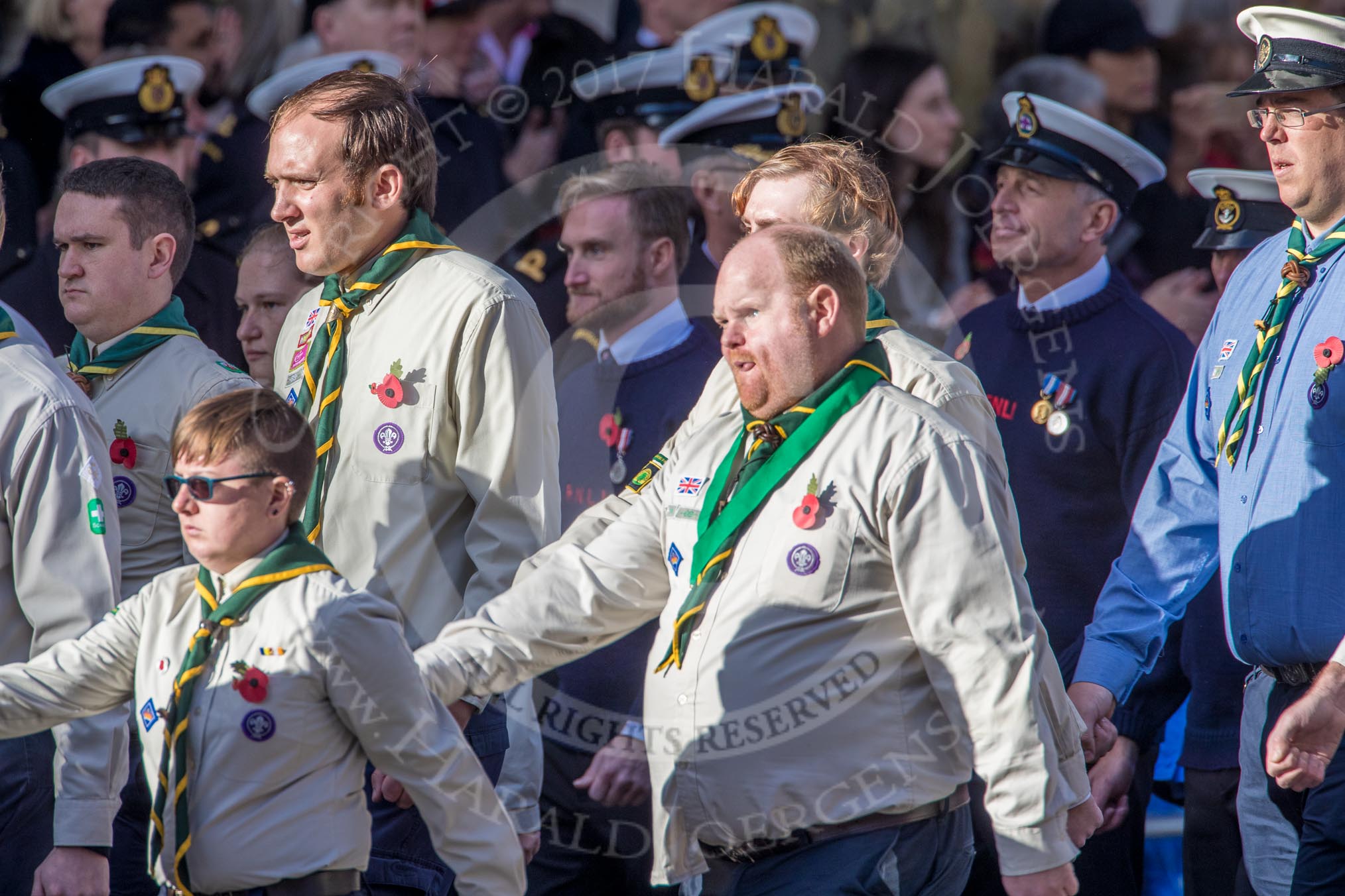 The Scout Association (Group M36, 30 members) during the Royal British Legion March Past on Remembrance Sunday at the Cenotaph, Whitehall, Westminster, London, 11 November 2018, 12:30.