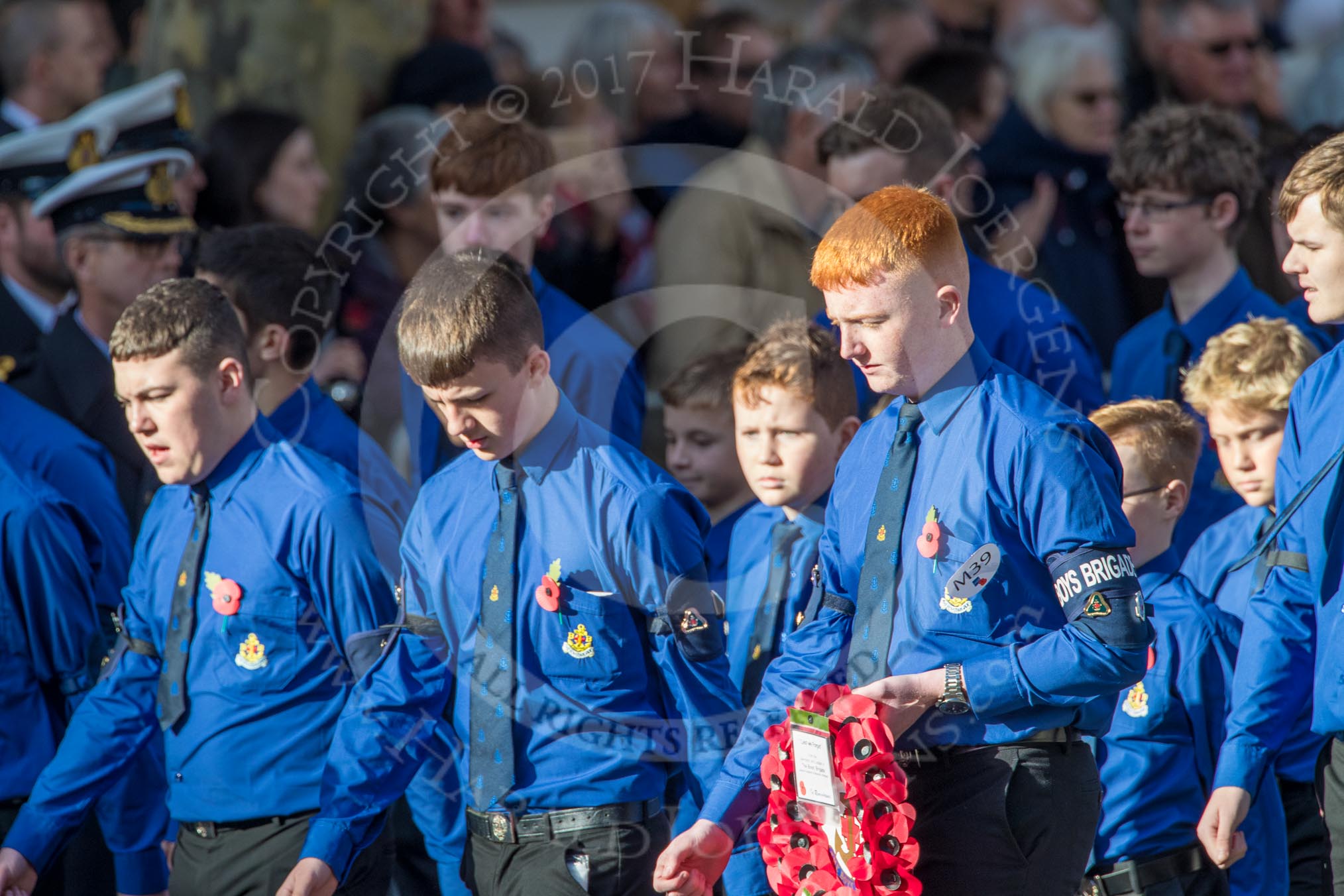 The Boys' Brigade (Group M39, 79 members) during the Royal British Legion March Past on Remembrance Sunday at the Cenotaph, Whitehall, Westminster, London, 11 November 2018, 12:30.