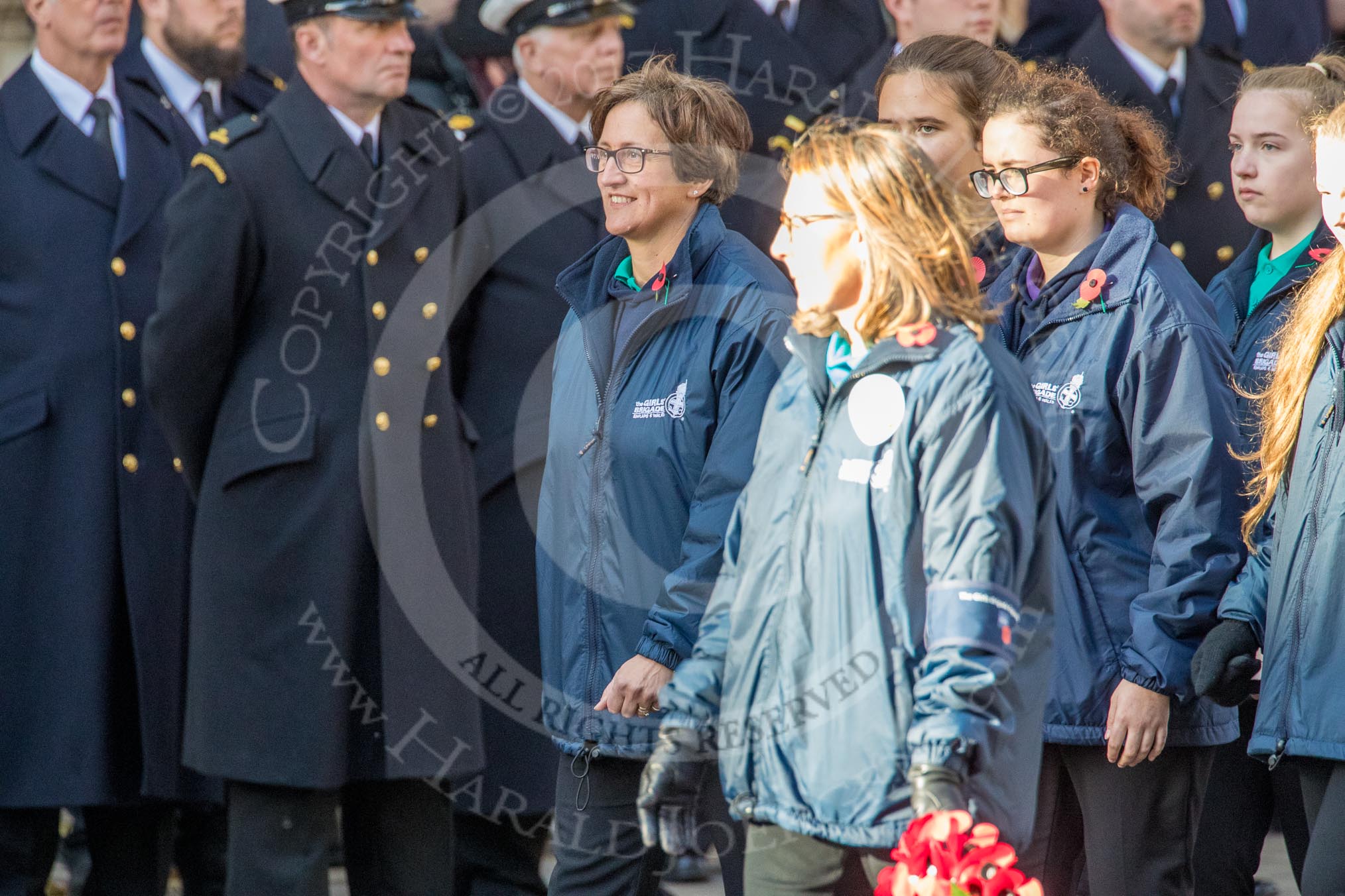 The Girls' Brigade England & Wales (Group M40, 16 members) during the Royal British Legion March Past on Remembrance Sunday at the Cenotaph, Whitehall, Westminster, London, 11 November 2018, 12:30.