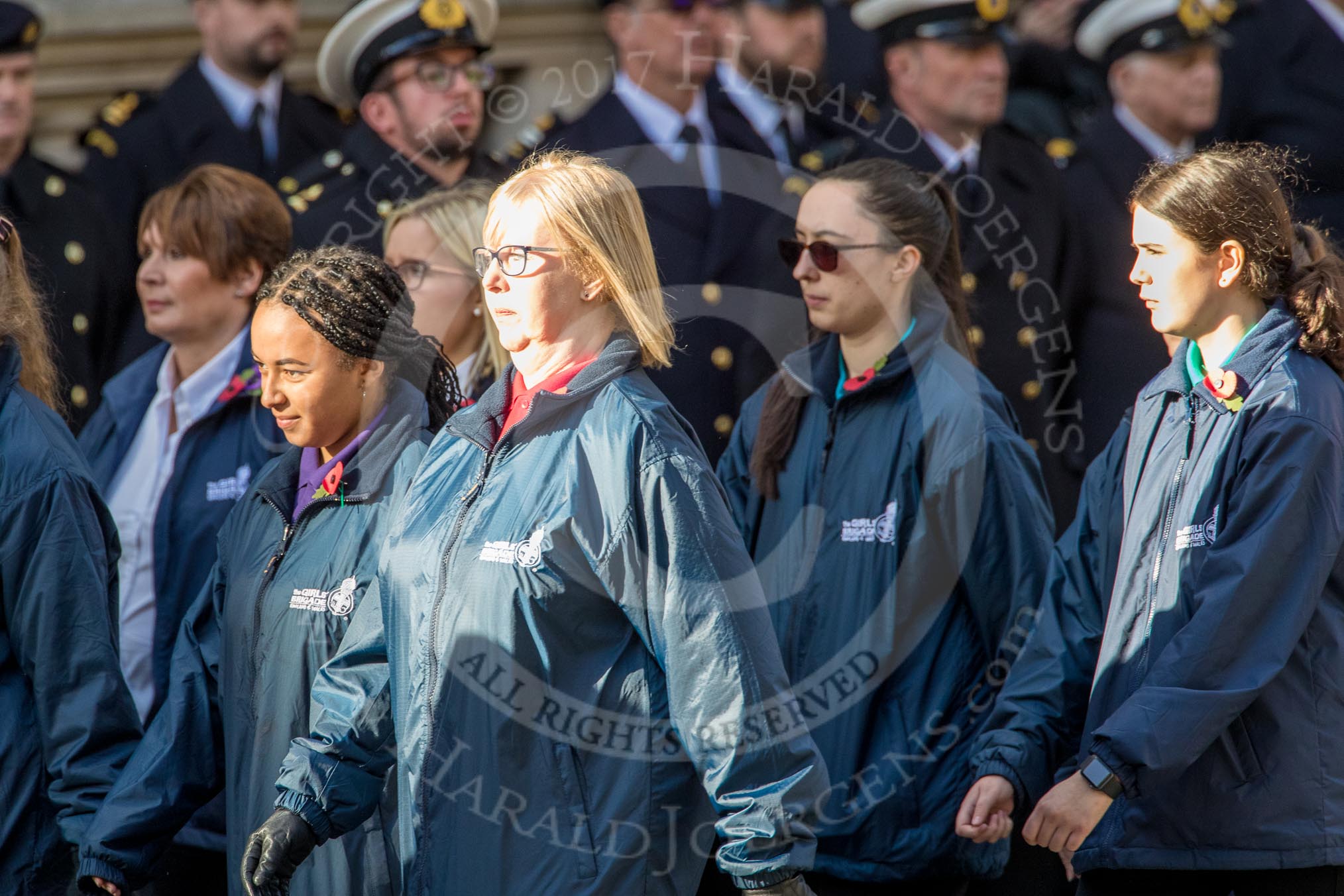 The Girls' Brigade England & Wales (Group M40, 16 members) during the Royal British Legion March Past on Remembrance Sunday at the Cenotaph, Whitehall, Westminster, London, 11 November 2018, 12:30.