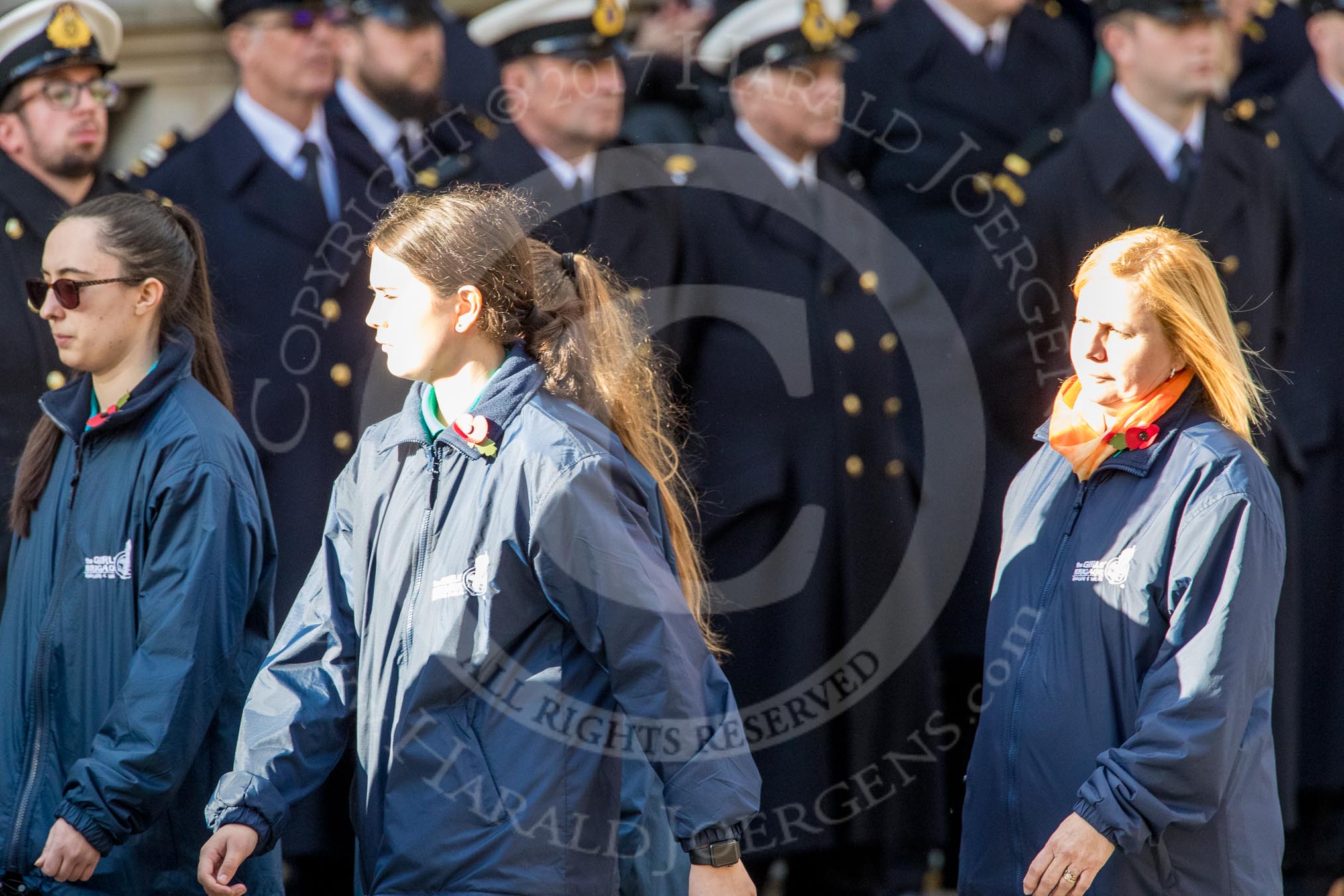 The Girls' Brigade England & Wales (Group M40, 16 members) during the Royal British Legion March Past on Remembrance Sunday at the Cenotaph, Whitehall, Westminster, London, 11 November 2018, 12:30.