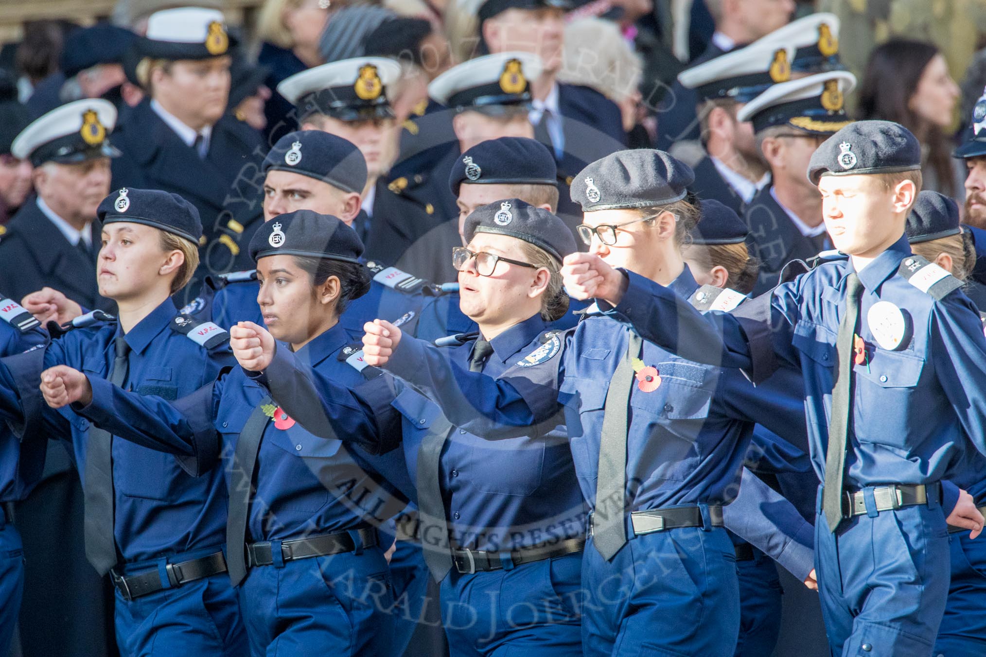 Metropolitan Police Volunteer Police Cadets (Group M42, 16 members) during the Royal British Legion March Past on Remembrance Sunday at the Cenotaph, Whitehall, Westminster, London, 11 November 2018, 12:31.