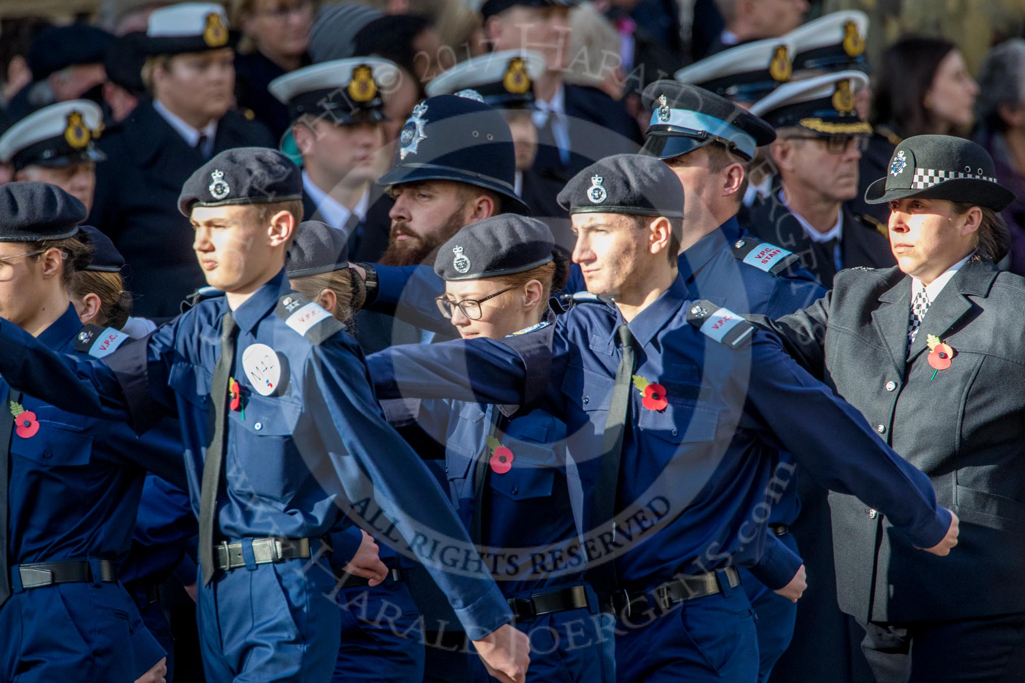 Metropolitan Police Volunteer Police Cadets (Group M42, 16 members) during the Royal British Legion March Past on Remembrance Sunday at the Cenotaph, Whitehall, Westminster, London, 11 November 2018, 12:31.
