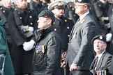Royal Green Jackets (Group A2, 153 members) during the Royal British Legion March Past on Remembrance Sunday at the Cenotaph, Whitehall, Westminster, London, 11 November 2018, 11:55. On the right: BBC security correspondent Frank Gardner, who served with the Royal Green Jackets from 1984 to 2006.