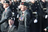 Royal Green Jackets (Group A2, 153 members) during the Royal British Legion March Past on Remembrance Sunday at the Cenotaph, Whitehall, Westminster, London, 11 November 2018, 11:55. On the left: BBC security correspondent Frank Gardner, who served with the Royal Green Jackets from 1984 to 2006.