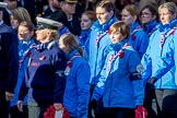 Royal National Lifeboat Institution (Group M37, 6 members) and Girlguiding London and South East England(Group M38, 40 members) during the Royal British Legion March Past on Remembrance Sunday at the Cenotaph, Whitehall, Westminster, London, 11 November 2018, 12:30.
