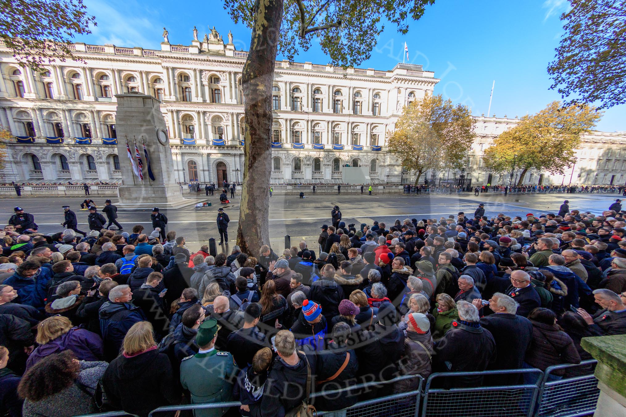 Fish eye view from the press stand on Whitehall opposite the Foreign and Commonwealth Office before  Remembrance Sunday Cenotaph Ceremony 2018 at Horse Guards Parade, Westminster, London, 11 November 2018, 08:56.