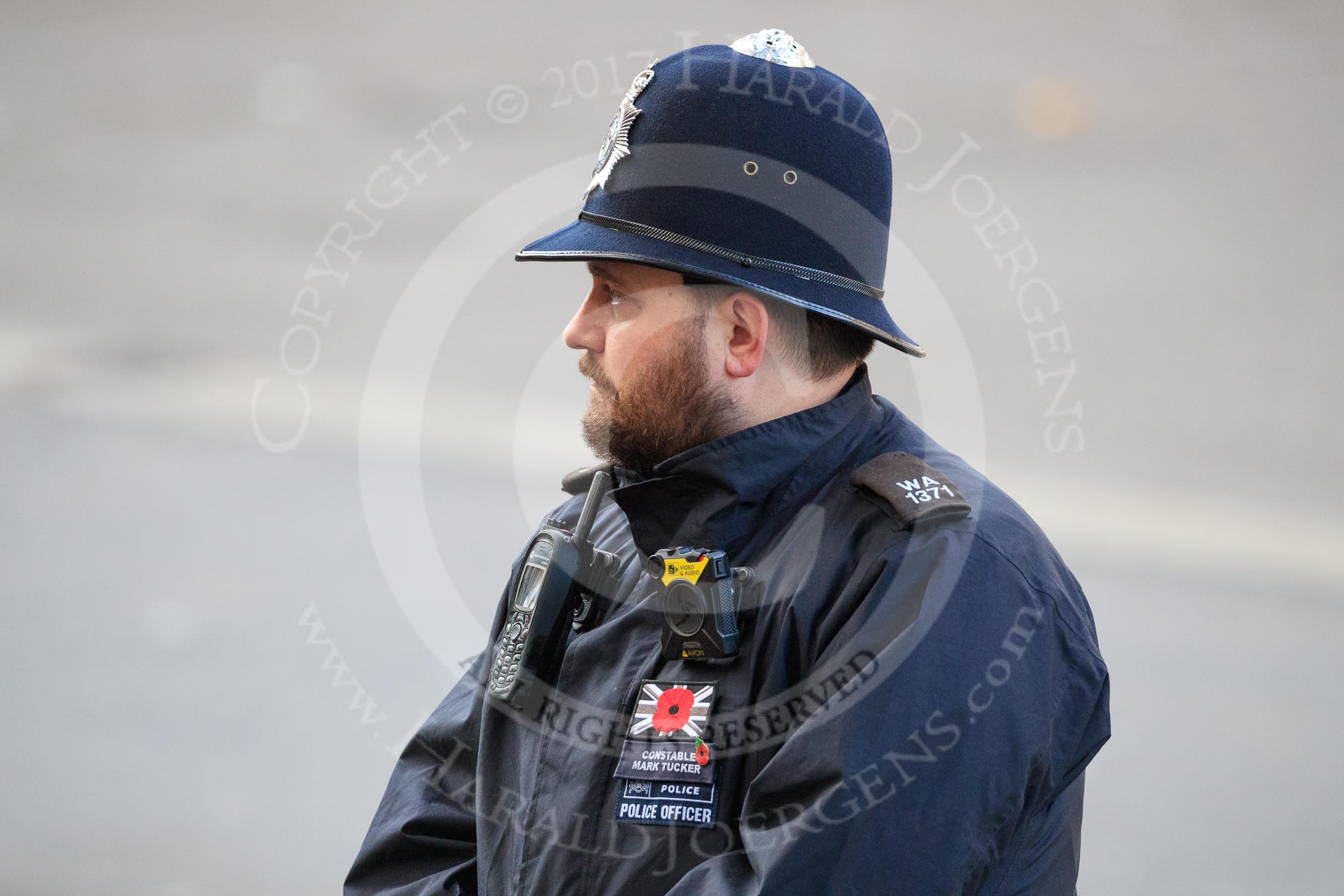 Metropolitan Police Constable Mark Tucker keeping an eye on the spectators before the Remembrance Sunday Cenotaph Ceremony 2018 at Horse Guards Parade, Westminster, London, 11 November 2018, 09:04.