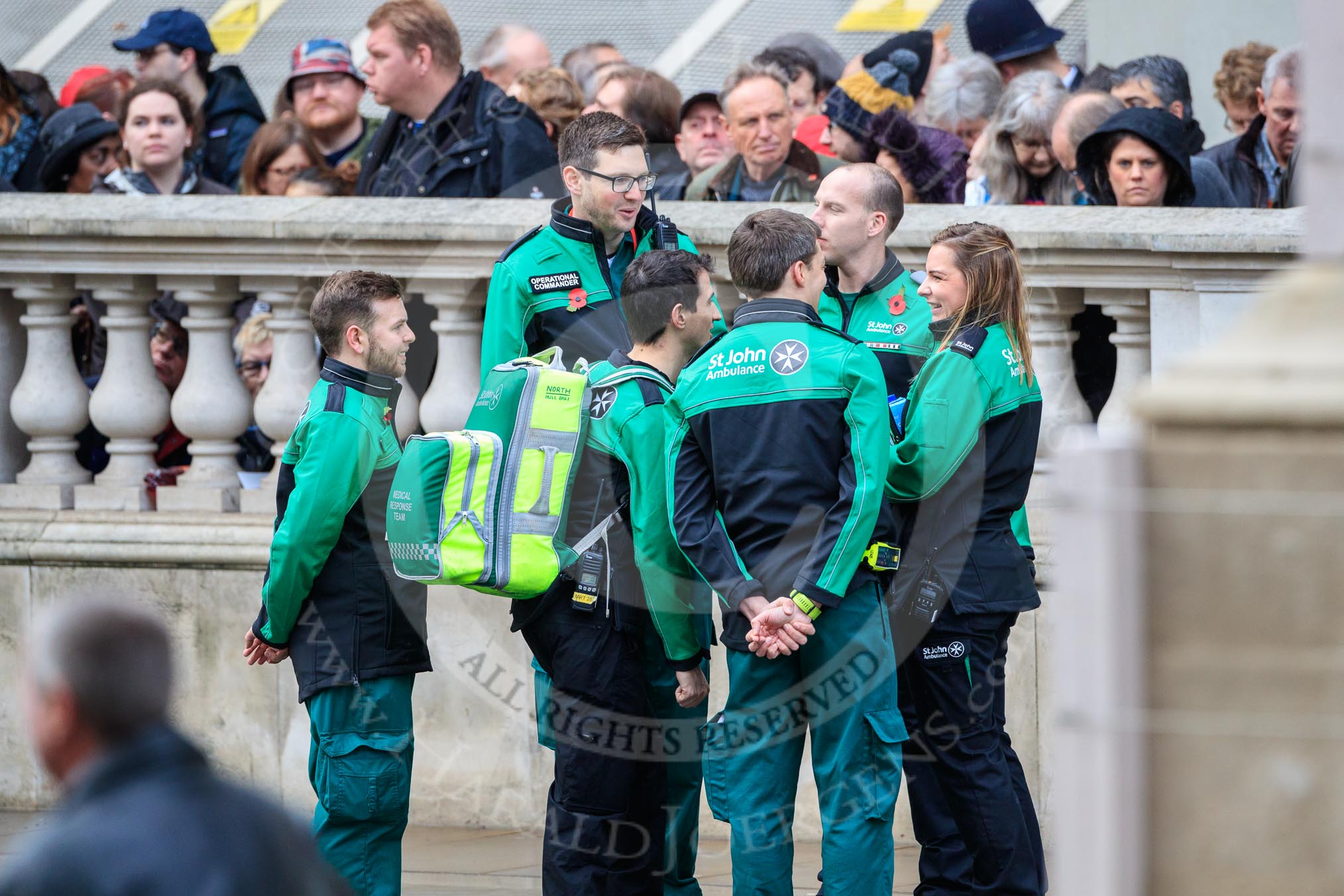 St John Ambulance staff gather on Whitehall before the Remembrance Sunday Cenotaph Ceremony 2018 at Horse Guards Parade, Westminster, London, 11 November 2018, 09:26.