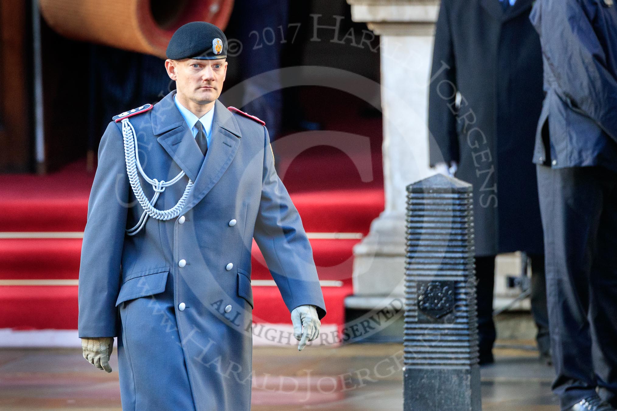 Lieutenant Colonel (German: Oberstleutnant) Christoph Kahnert, Equerry to HE The President of the Federal Republic of Germany, before the Remembrance Sunday Cenotaph Ceremony 2018 at Horse Guards Parade, Westminster, London, 11 November 2018, 09:42.