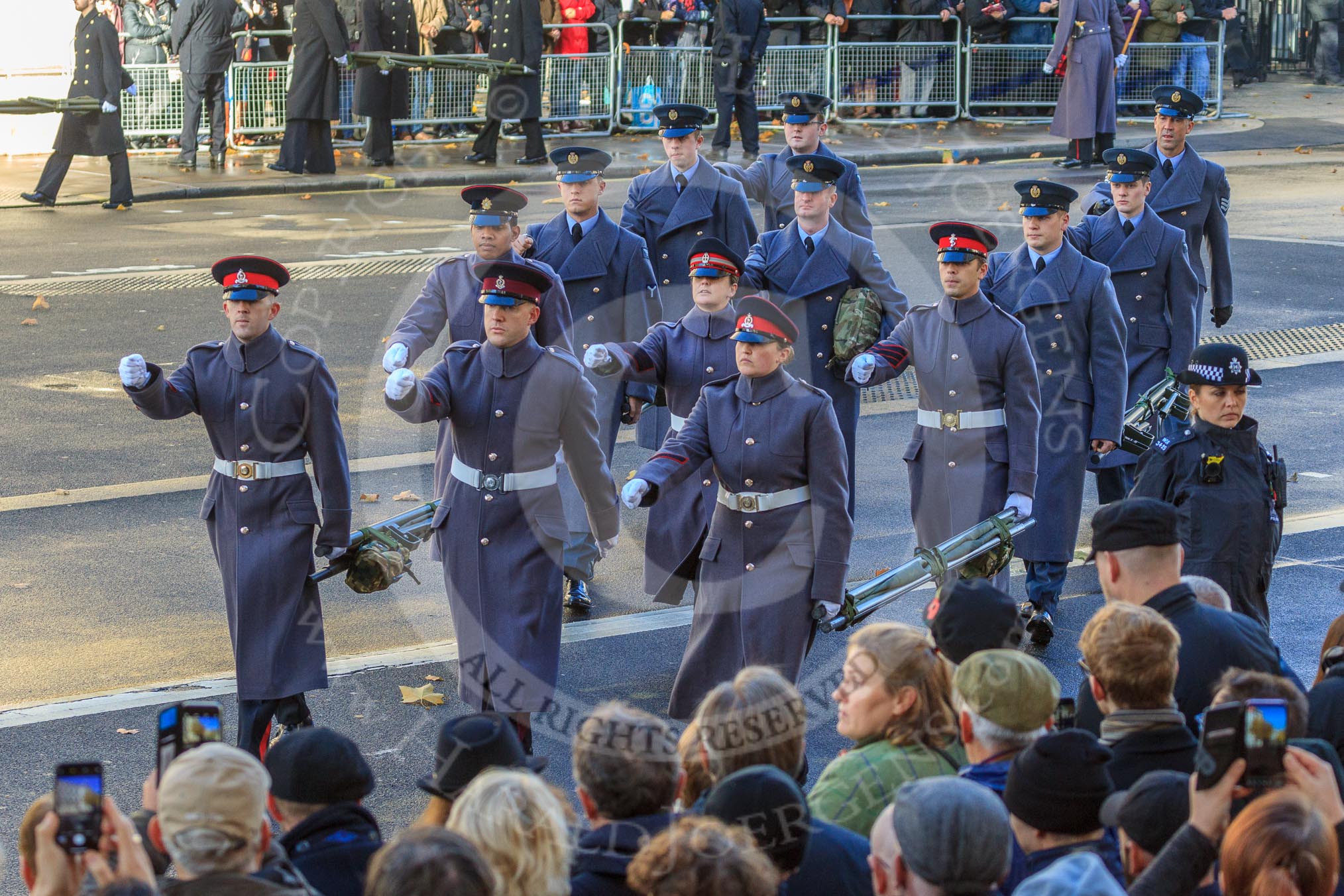 The group of stretcher bearers is leaving Downing Street to take their positions on Whitehall before the Remembrance Sunday Cenotaph Ceremony 2018 at Horse Guards Parade, Westminster, London, 11 November 2018, 10:08.