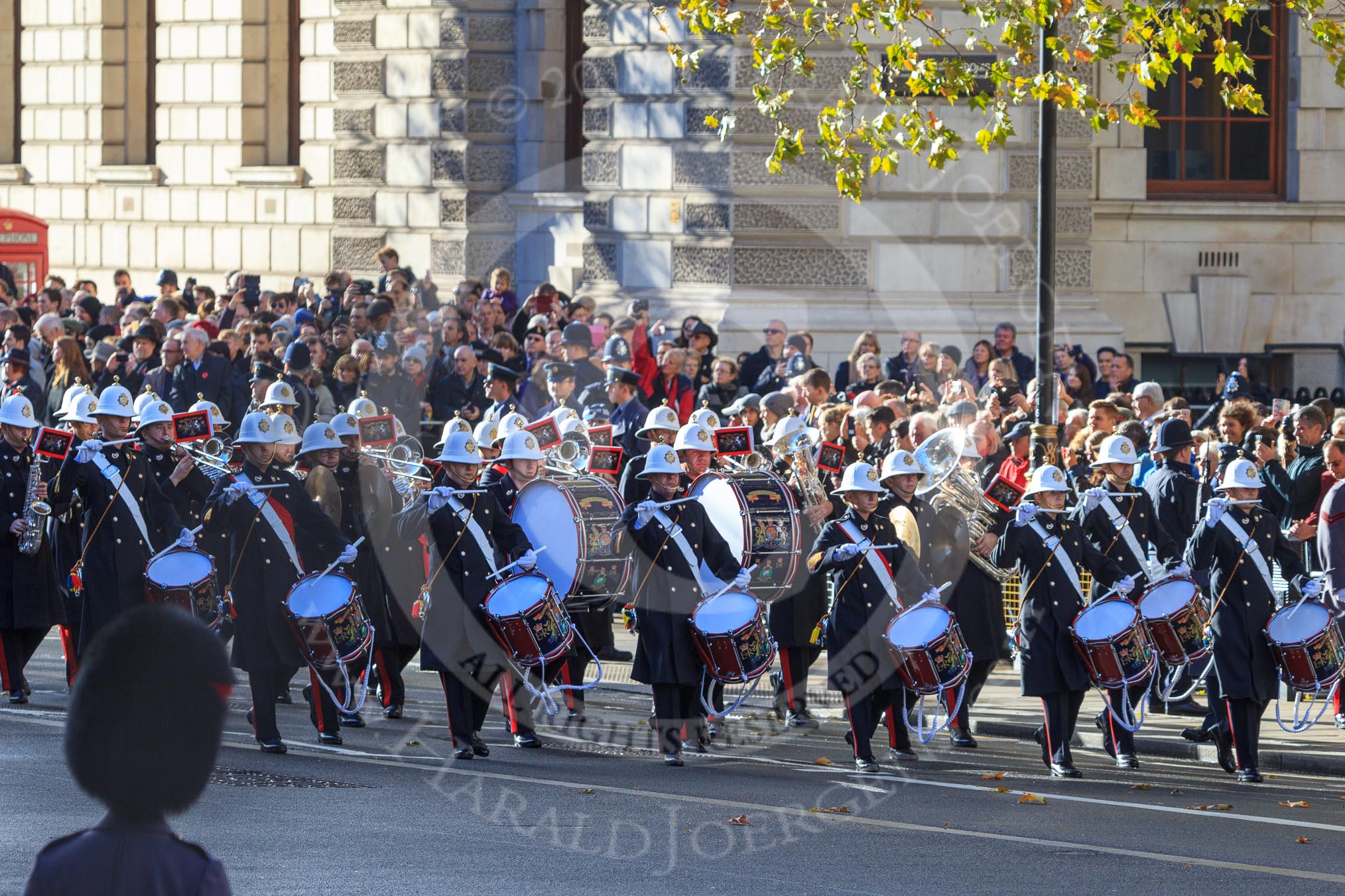 The Band of the Royal Marines arrives on Whitehall before the Remembrance Sunday Cenotaph Ceremony 2018 at Horse Guards Parade, Westminster, London, 11 November 2018, 10:17.