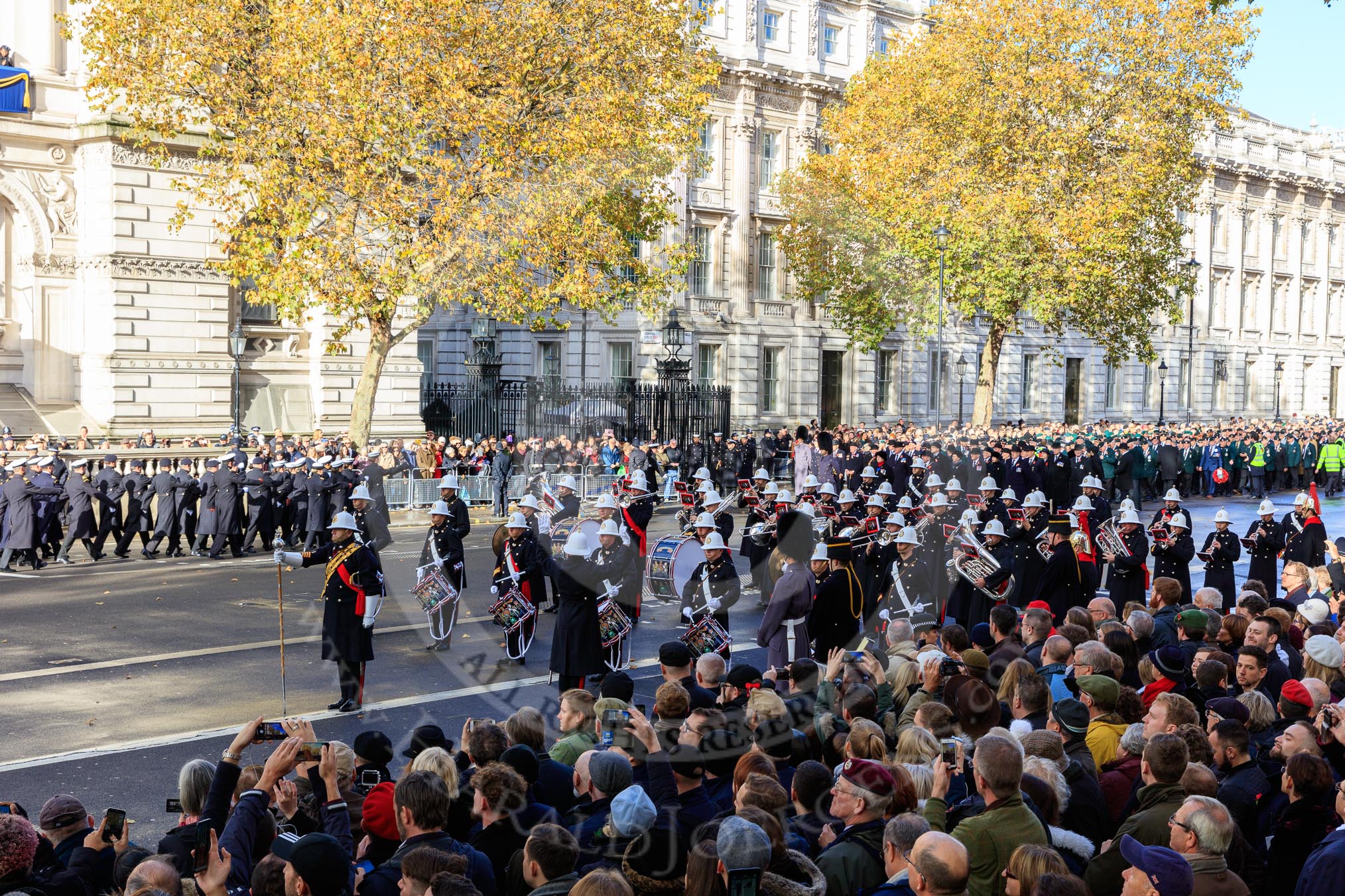 The Band of the Royal Marines has reached their initial position on Whitehall before the Remembrance Sunday Cenotaph Ceremony 2018 at Horse Guards Parade, Westminster, London, 11 November 2018, 10:20.