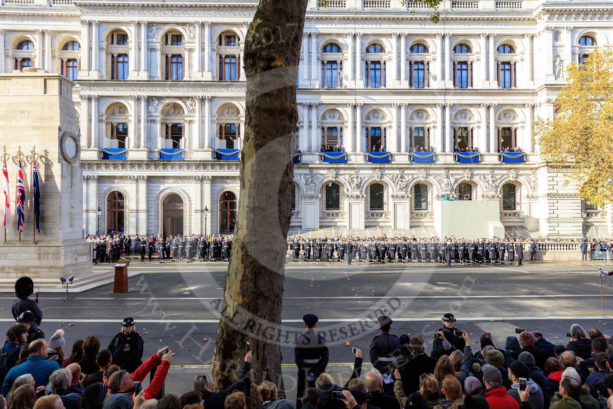 The Service detachment from the Royal Navy is in position on the Foreign and Commonwealth Office side of Whitehall before the Remembrance Sunday Cenotaph Ceremony 2018 at Horse Guards Parade, Westminster, London, 11 November 2018, 10:20.