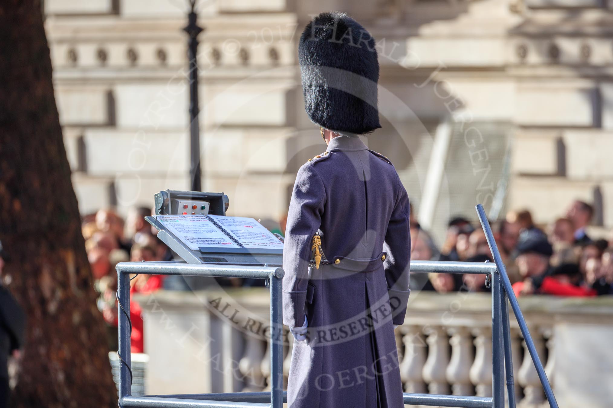 The Senior Director of Music Household Division, Lieutenant Colonel Darren Wolfendale, before the Remembrance Sunday Cenotaph Ceremony 2018 at Horse Guards Parade, Westminster, London, 11 November 2018, 10:23.