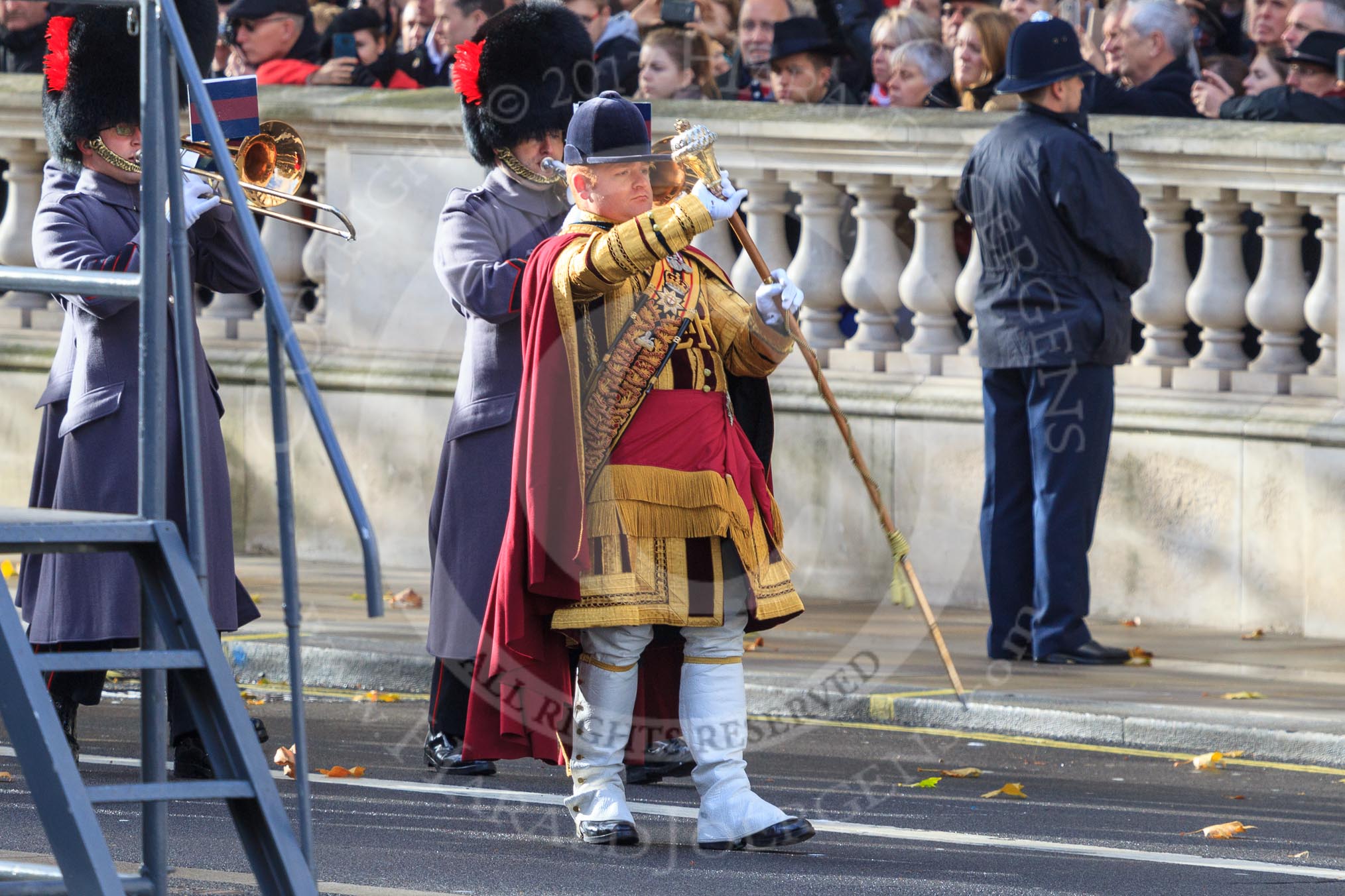 The Band of the Coldstream Guards arrives at the Cenotaph, led by Drum Major Liam Rowley, Coldstream Guards, before the Remembrance Sunday Cenotaph Ceremony 2018 at Horse Guards Parade, Westminster, London, 11 November 2018, 10:25.