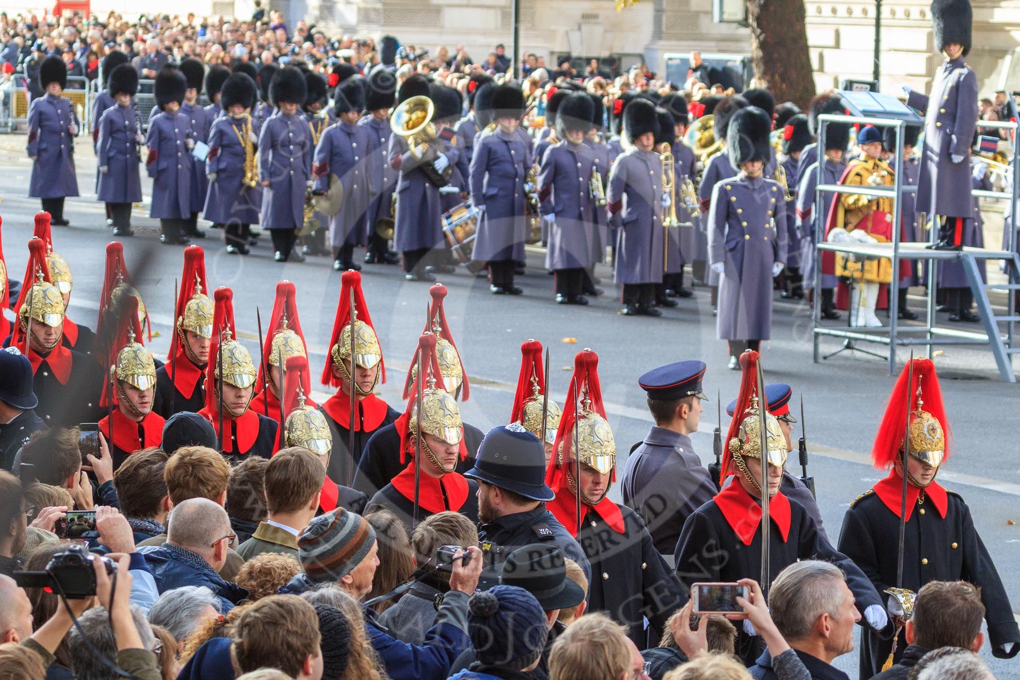 The Service detachment from the Household Cavalry arrives on Whitehall before the Remembrance Sunday Cenotaph Ceremony 2018 at Horse Guards Parade, Westminster, London, 11 November 2018, 10:25.