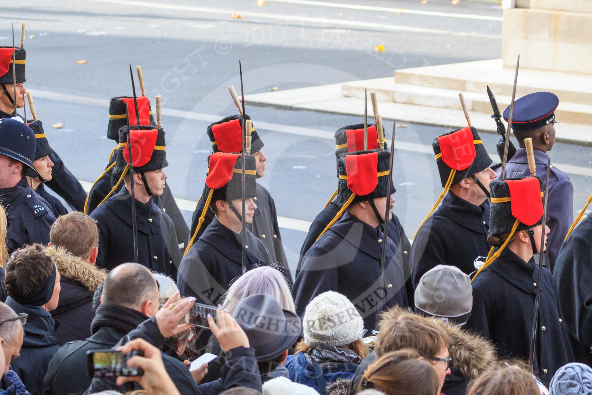 The Service detachment from the King's Troop Royal Horse Artillery arrives on Whitehall before the Remembrance Sunday Cenotaph Ceremony 2018 at Horse Guards Parade, Westminster, London, 11 November 2018, 10:26.