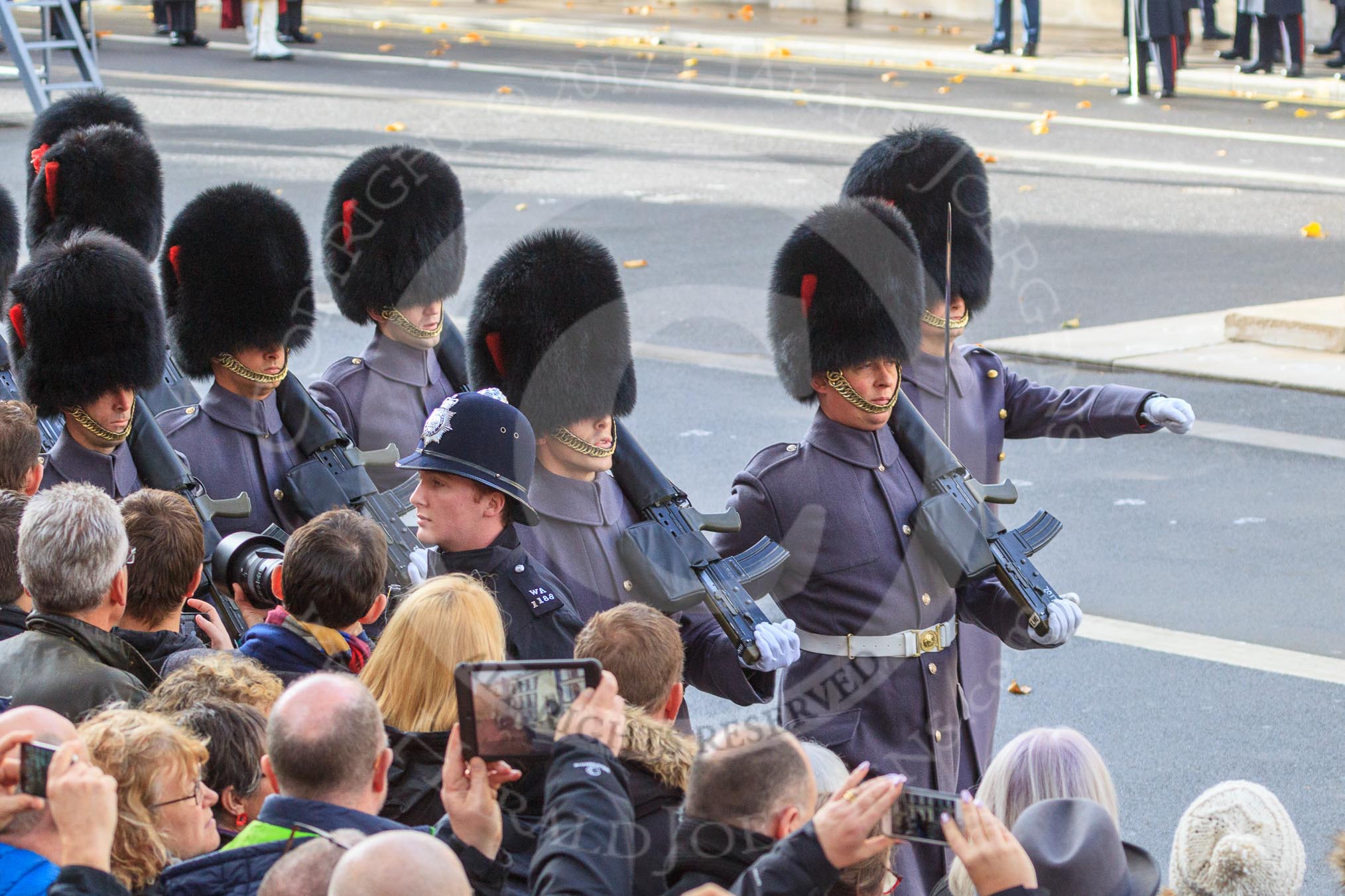 The Service detachment from the Army arrived on Whitehall before the Remembrance Sunday Cenotaph Ceremony 2018 at Horse Guards Parade, Westminster, London, 11 November 2018, 10:26.